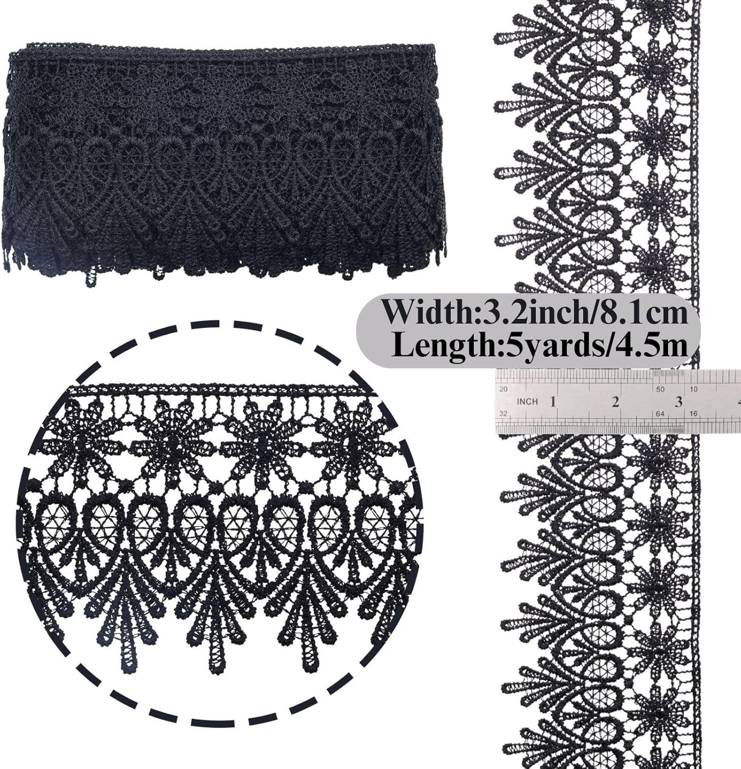 GXTIZAS Black Lace Trim 5 Yards Wide Venise Lace Ribbon Embroidered Edge Trim for Sewing Crafts Pillow Case
