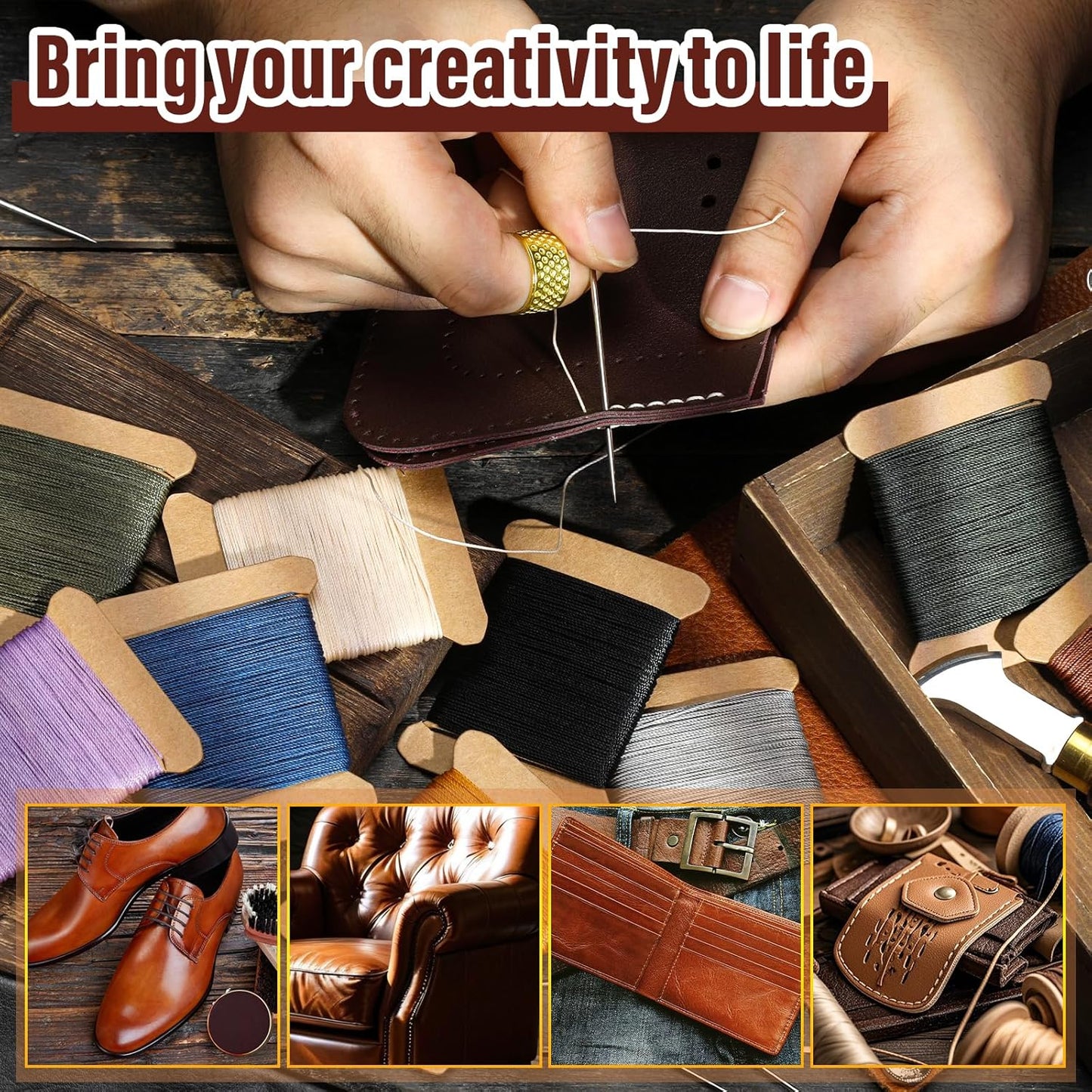 Upholstery Repair Kit, Thread Repair Sewing Kit and Upholstery Needle, 3 Colors 0.55mm Waxed Thread with 8 Pcs Heavy Duty Leather Needles for Hand Stitching, Canvas & Quilting