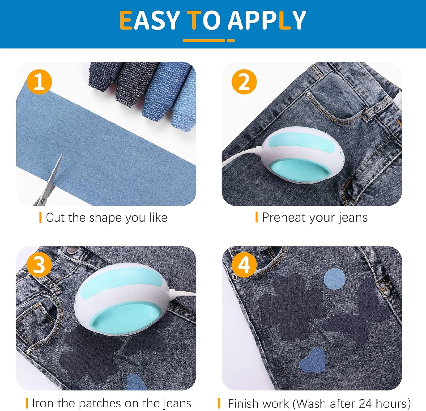 HTVRONT Iron on Patches for Clothing Repair 4 Rolls - Denim Patches for Jeans Kit 4" by 20", 4 Rolls of Iron On Denim Patches for Jeans Inside & Clothing Repair (Blue)