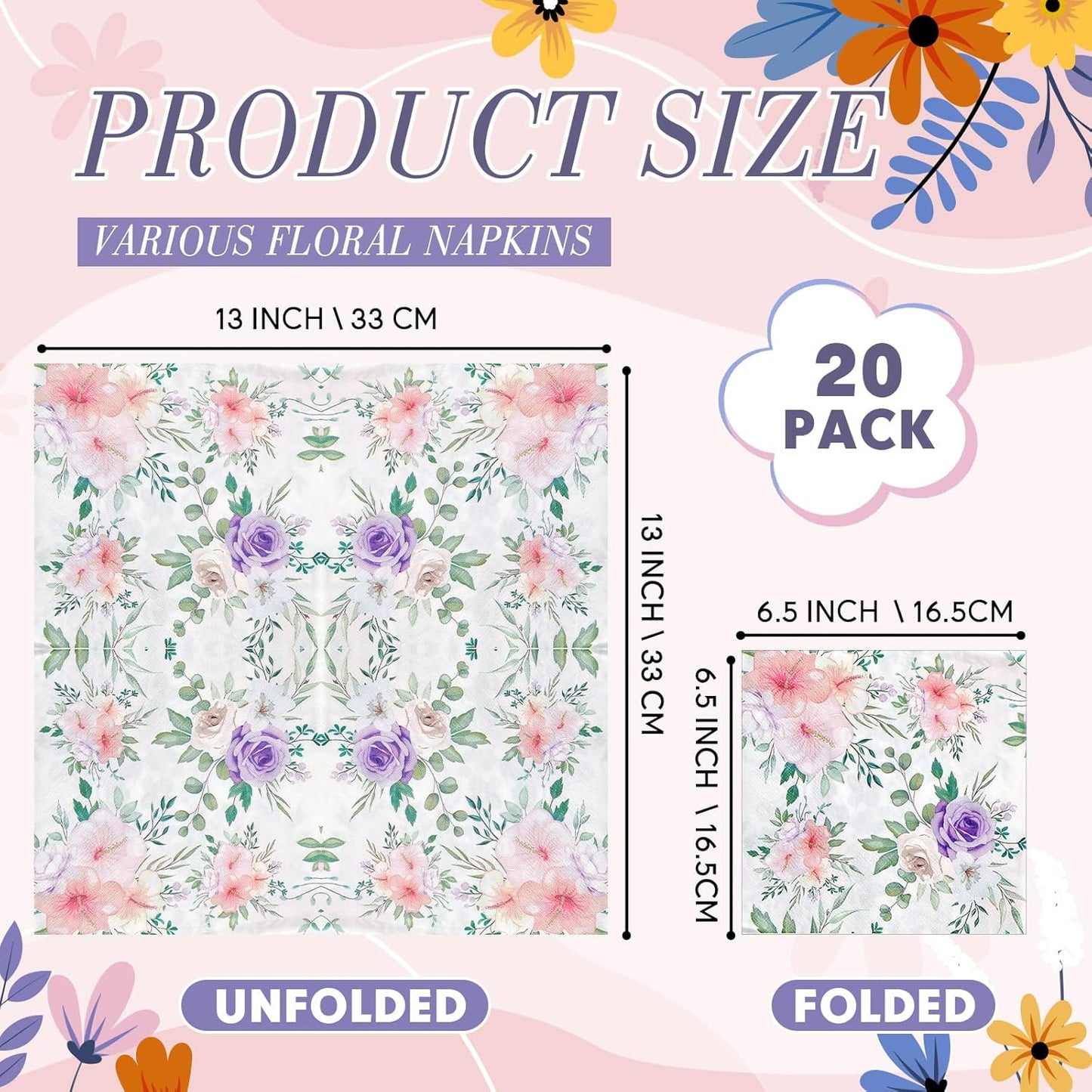 Crtiin 20 Pack Assorted Floral Napkins for Decoupage Toilet Napkins Flower Cocktail Decorative Paper for Birthday Party Beautiful Gorgeous, 20 Styles Each 6.5 inches(Style 6)