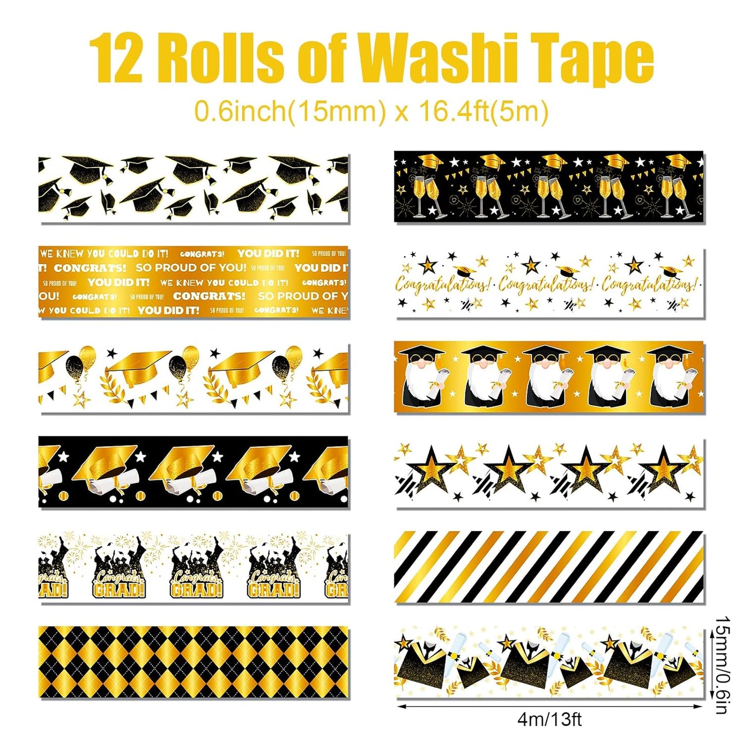 12 Rolls Graduation Washi Tape Set, Gold Foil Congratulations Graduation Masking Tapes, Black Gold Star Grad Cap Decorative Sticker Tape for Graduation Scrapbook DIY Crafts Gift Packaging 16.4FT