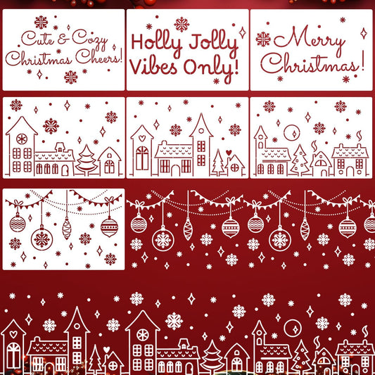 Christmas Stencils for Window Glass Large Christmas Stencils for Crafts Reusable Xmas Village House Holiday Stencil for Painting on Wood Wall Fabrics Decor