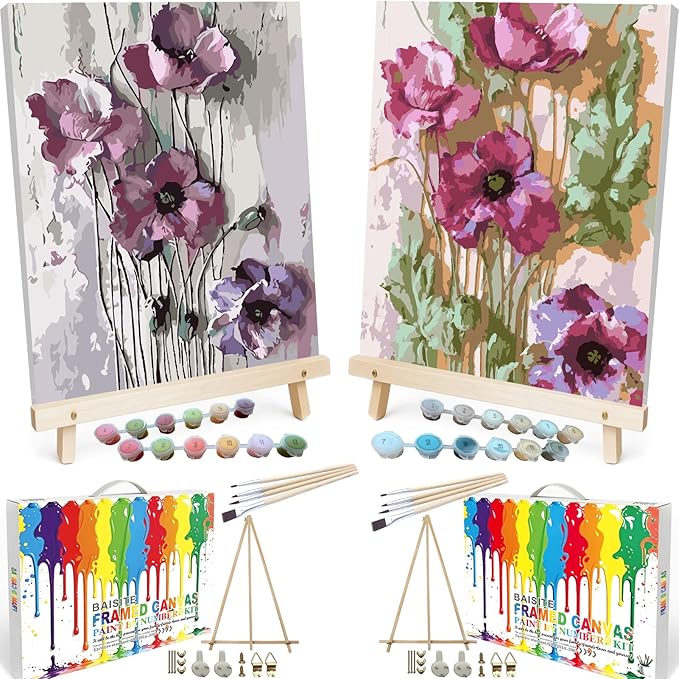 BAISITE Paint by Numbers Kit for Adults Beginners,8" Wx12 L 2 Pack Canvas for Painting Kits for Adults in Colorful Box 6566-ALREADY Framed