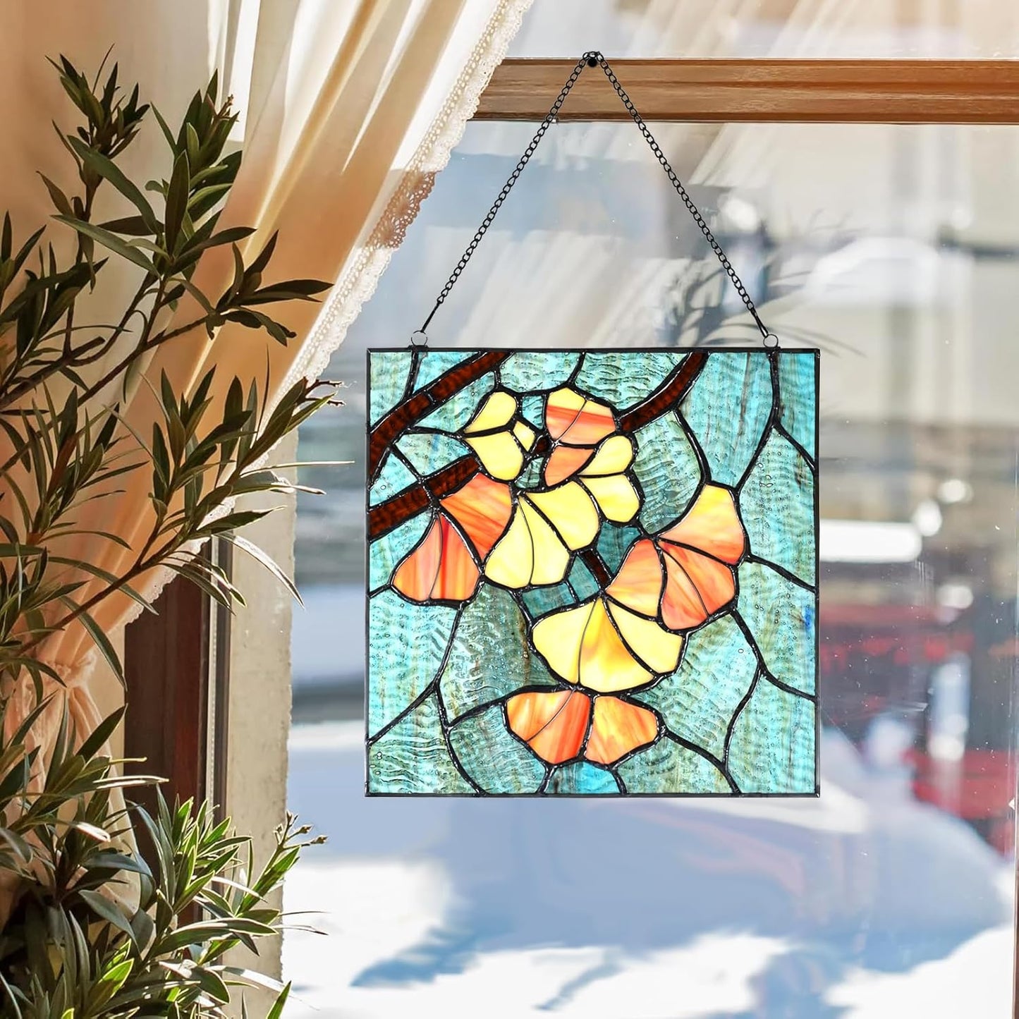 PA0005 Stained Glass Ginkgo Leaf Hanging Panel-10 Wx10 H Window Suncatcher Window Décor Tiffany Style Wall Décor Hanging Art
