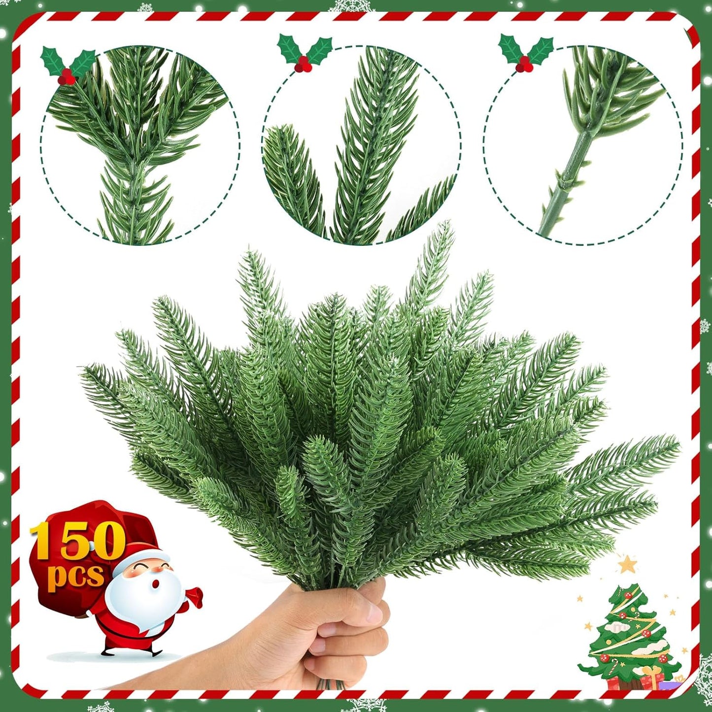 Hananona 150 Pcs Artificial Pine Branches Christmas Greenery Pine Picks DIY Cedar Picks and Sprays Accessories for Christmas Garland Wreath and ChristmChristmas Home Decor (150, Green)