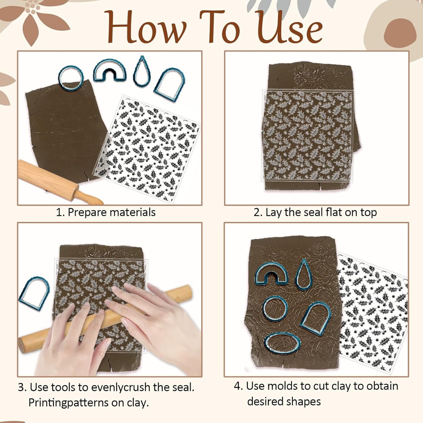 CHGCRAFT 4 Pcs Christmas Elements Polymer Clay Texture Sheets Snowflakes Silicone Texture Stamp Pine Trees Clay Texture Mat Modeling Pattern Pad Sheets for Jewelry and Earrings Tools, 5.5x5.5 inch