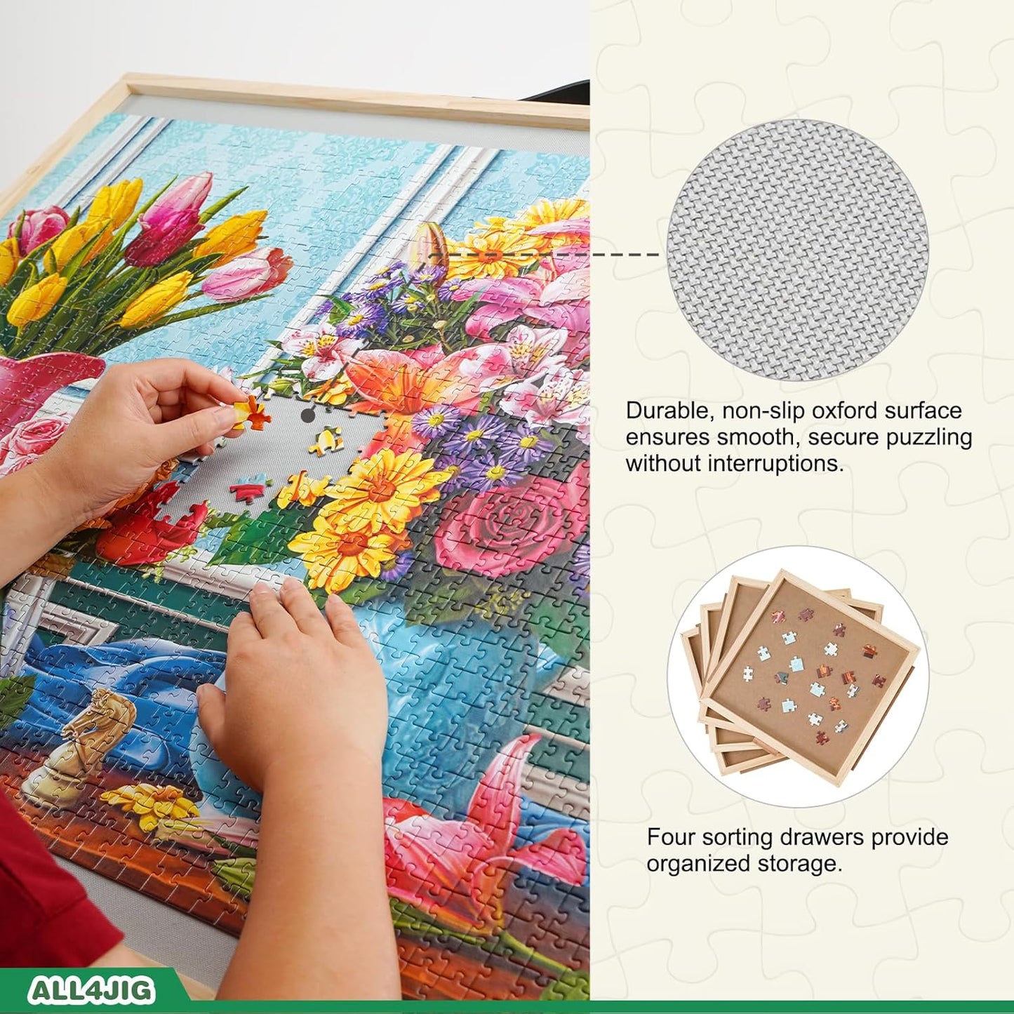 ALL4JIG 1500 Pieces 2-in-1 Tilting & Rotating Puzzle Board, 34.2" x 25.2"Adjustable Angle Puzzle Board with 4 Drawers & Clear Protective Cover, Birthday Gift for mom