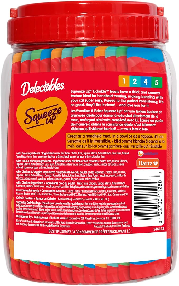 Hartz Delectables Squeeze Up Variety Pack, Creamy Squeezable Puree, Lickable Wet Cat Treats, Grain Free, No Added Fillers, No by-Products, No Added Preservatives, 0.5 Ounces Tube, 48 Tubes Total