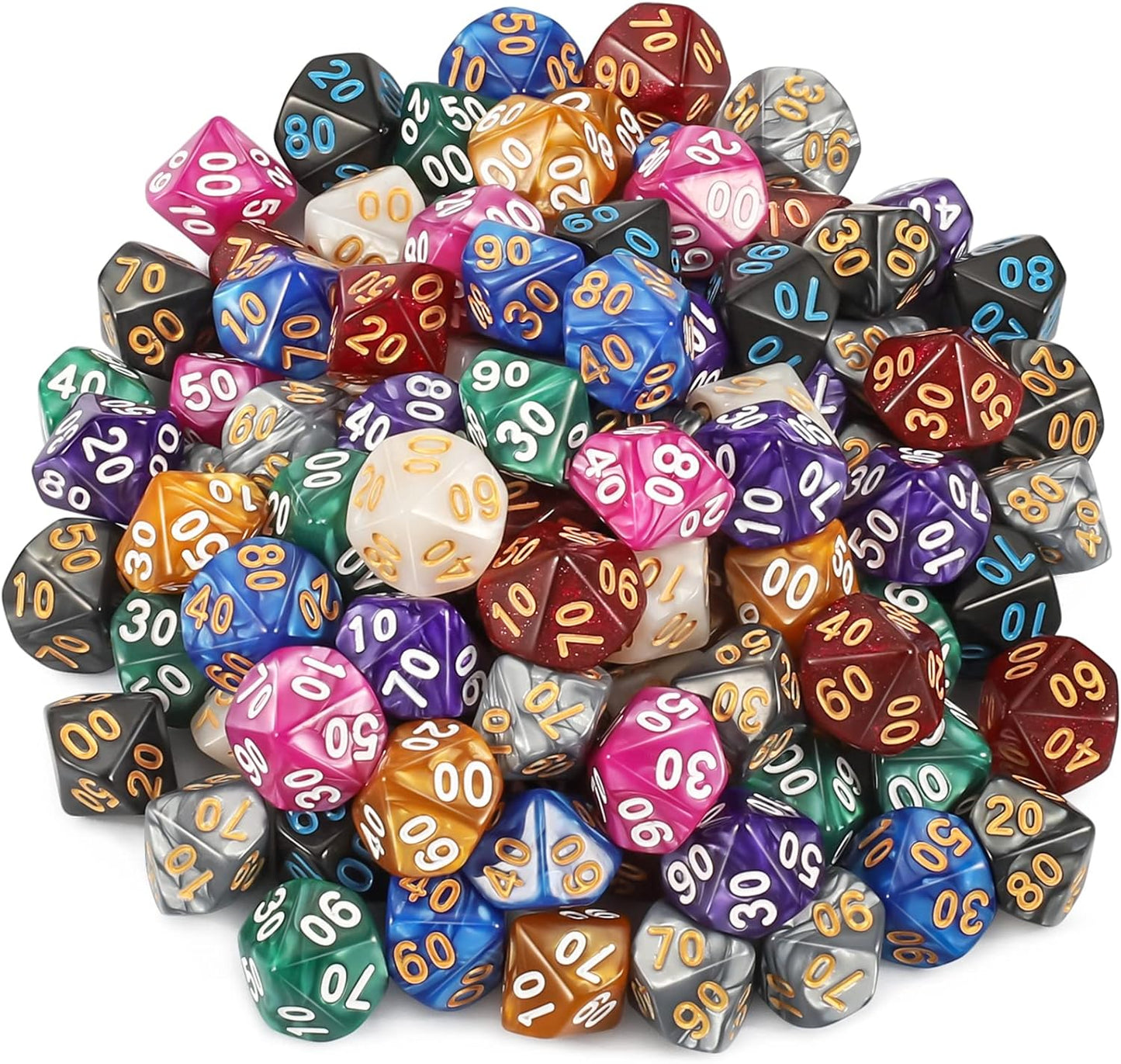 CiaraQ DND Polyhedral Dice (100pcs) with A Dice Bag Compatible with Dungeons and Dragons DND RPG MTG Role Playing Table Games (D% dice, 10 colors-100 pcs)