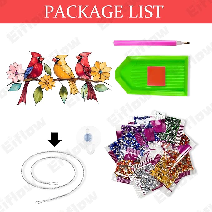 Eiflow 11.7x6.3in Acrylic Diamond Art Hanging Kit for Adults Cardinal Birds, DIY Diamonds Painting Door Hanger Board Kit, Special Crystal Diamond Art Painting Pendant Ornament