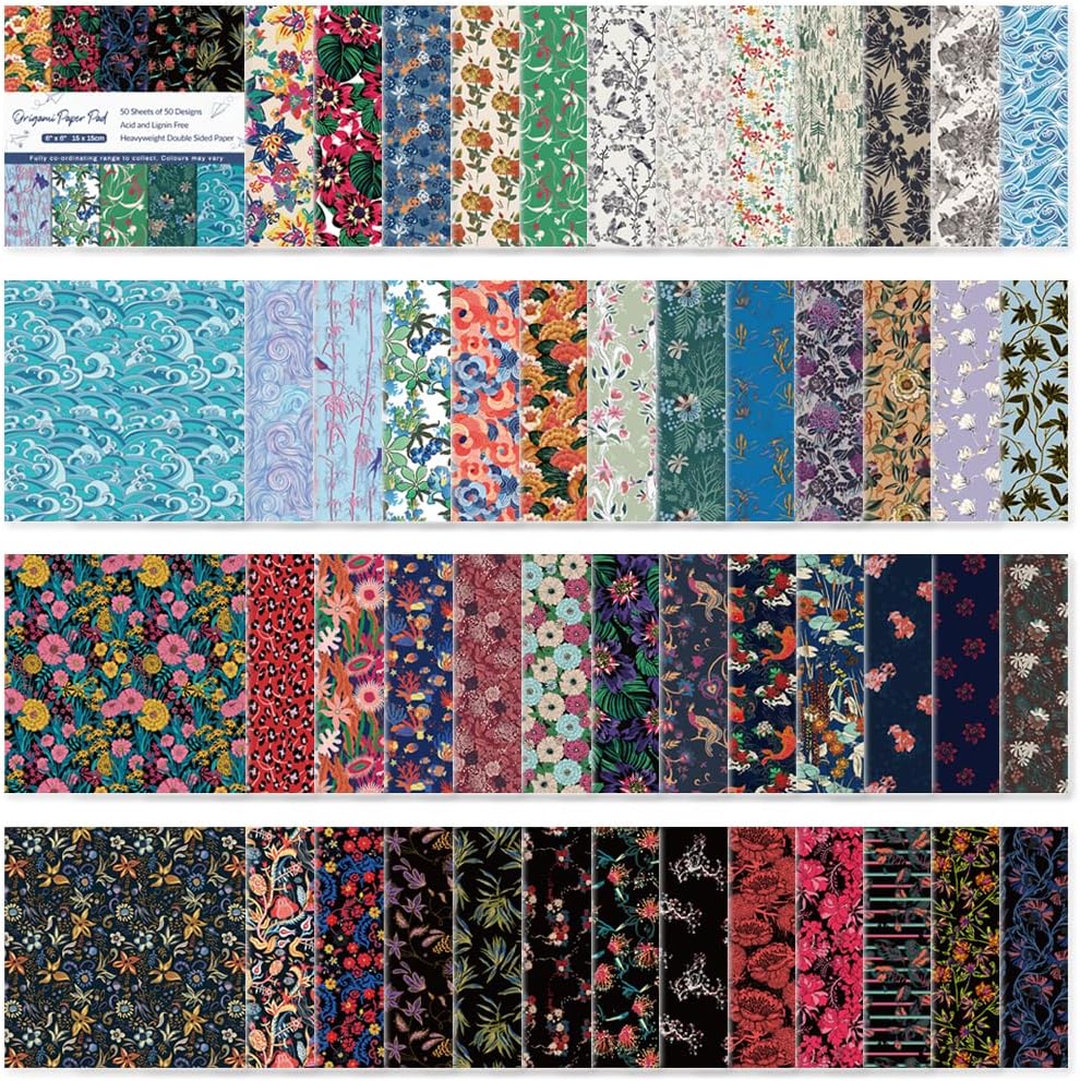 Origami Paper Kit 50 Sheets 6 Inch Square Double Sided Color 50 Vivid Japanese Washi Chiyo Colors for Hand Crafts Origami Paper Arts Creativity Flowers