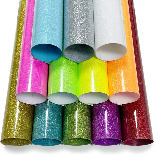Glitter Heat Transfer Vinyl Multicolored 12"x10"-12PCS Glitter Iron on Vinyl for T Shirts Easy to Cut and Weed Compatible with All Cutter Machines HTV Iron onVinyl for Cricut (Multicolored)