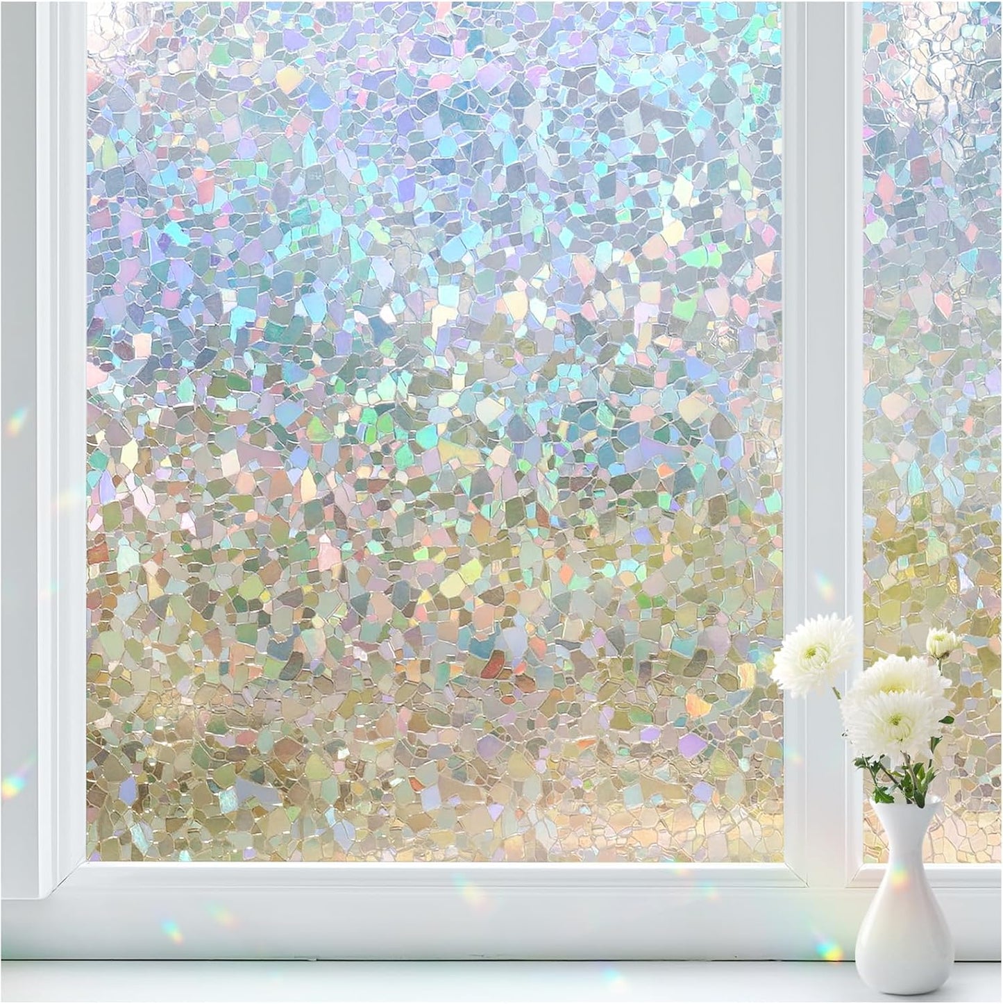 Haton Window Privacy Film, Rainbow Stained Glass Window Clings, 3D Decorative UV Sun Blocking Sticker, Removable Static Cling Heat Control Tint for Home Door, 17.5" x 157.4" Non-Adhesive