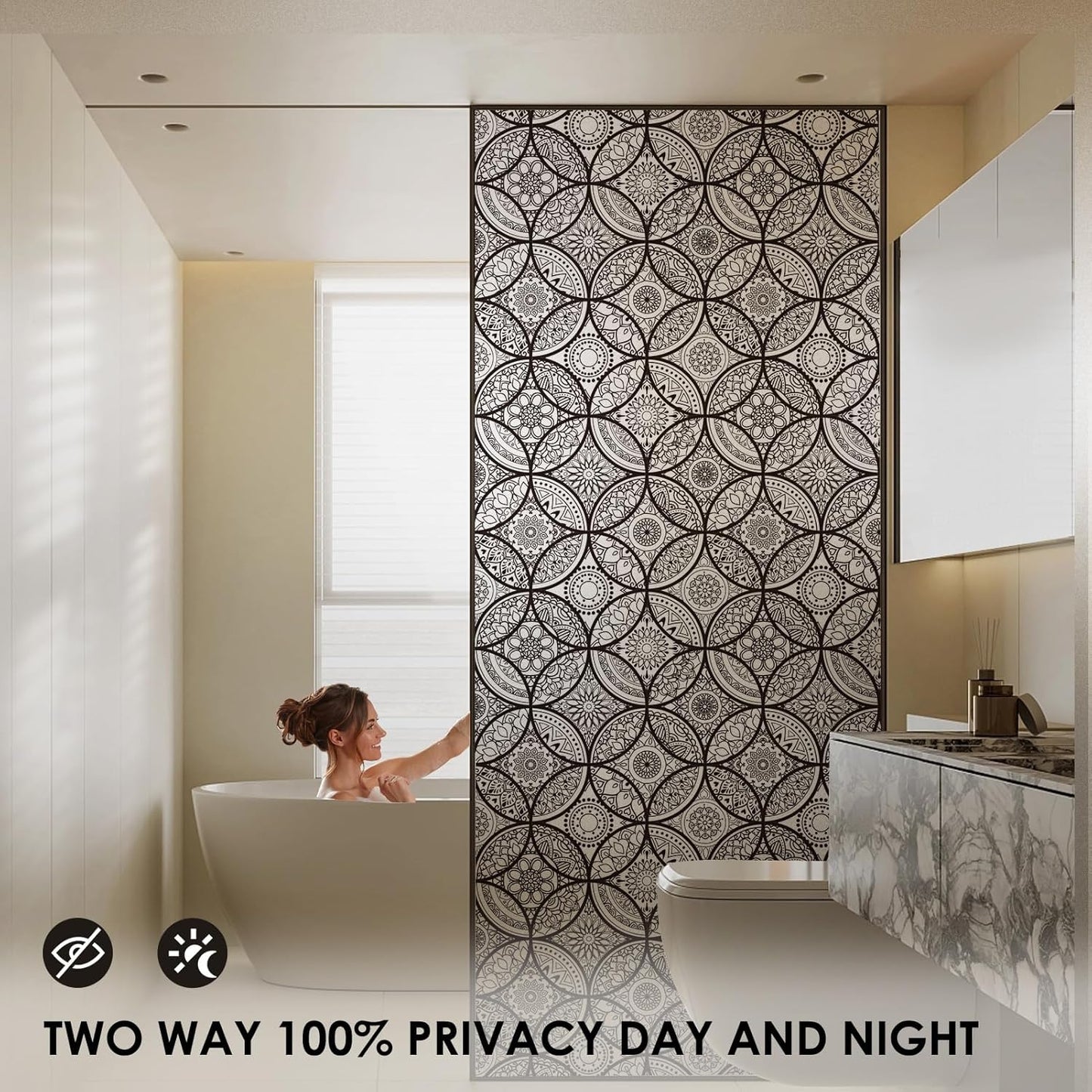 DKTIE Boho Stained Glass Look Window Privacy Film with Installation Tools, Decorative Frosted Glass Window Film Static Cling No Glue Removable, Pure Black, 35.4" x 78.7"