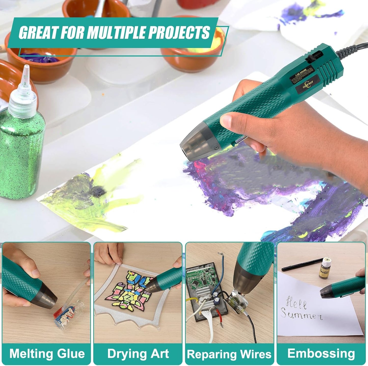 Heat Gun 350W with Dual Temp 392°F & 662°F and 2 Nozzles, Fast Heat Hot Air Gun with Overload Protection, 6.56Ft Long Cable for Crafting, Shrink Tubing, Vinyl Wrap, Epoxy