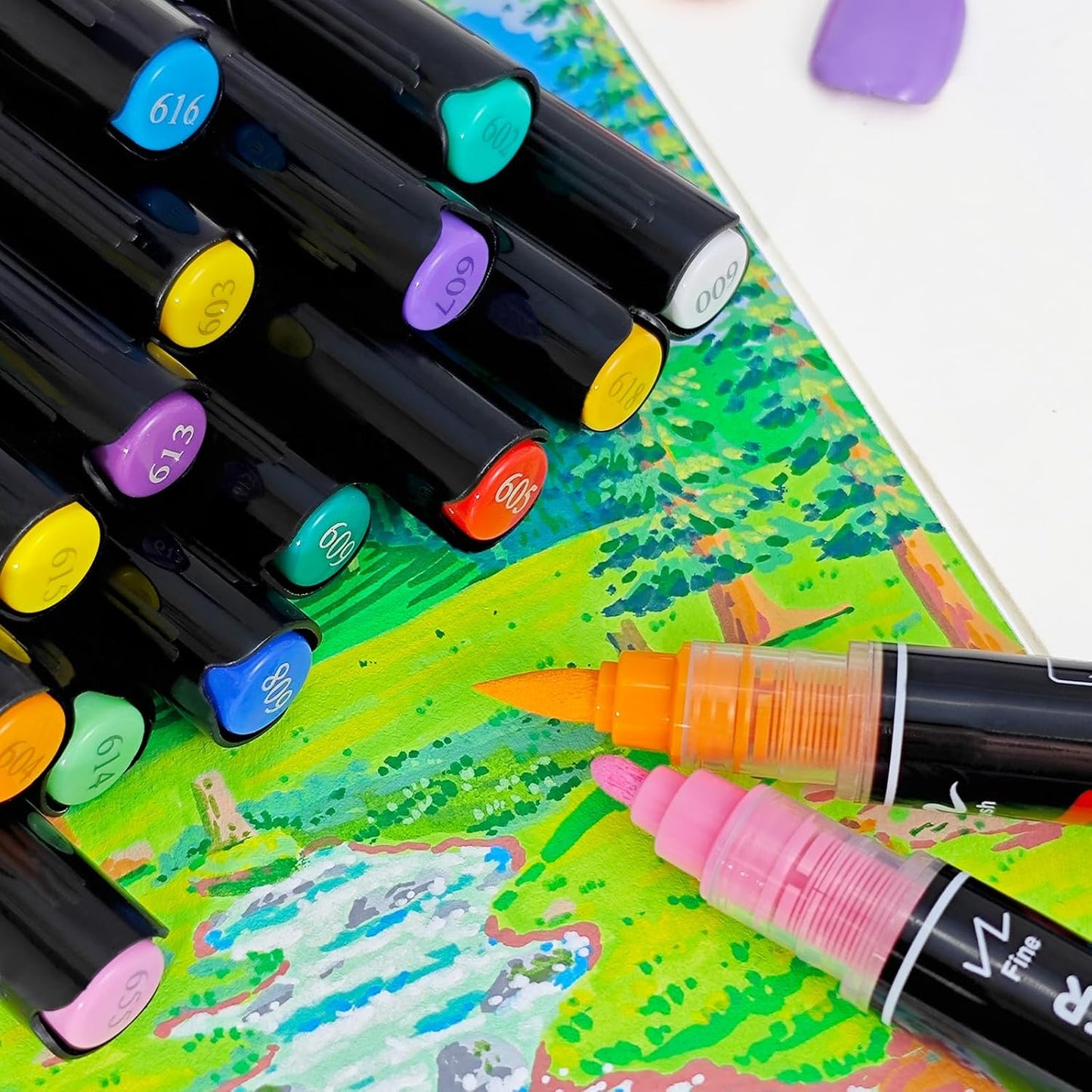 Guangna 60 Colors Acrylic Paint Markers, Dual Tip Paint Markers Pens Set with Soft Brush Tip, Multifunctional Fine Tip Markers for Wood, Canvas, Rock Painting,Glass,Diy Crafts Art Supplies, Waterproof