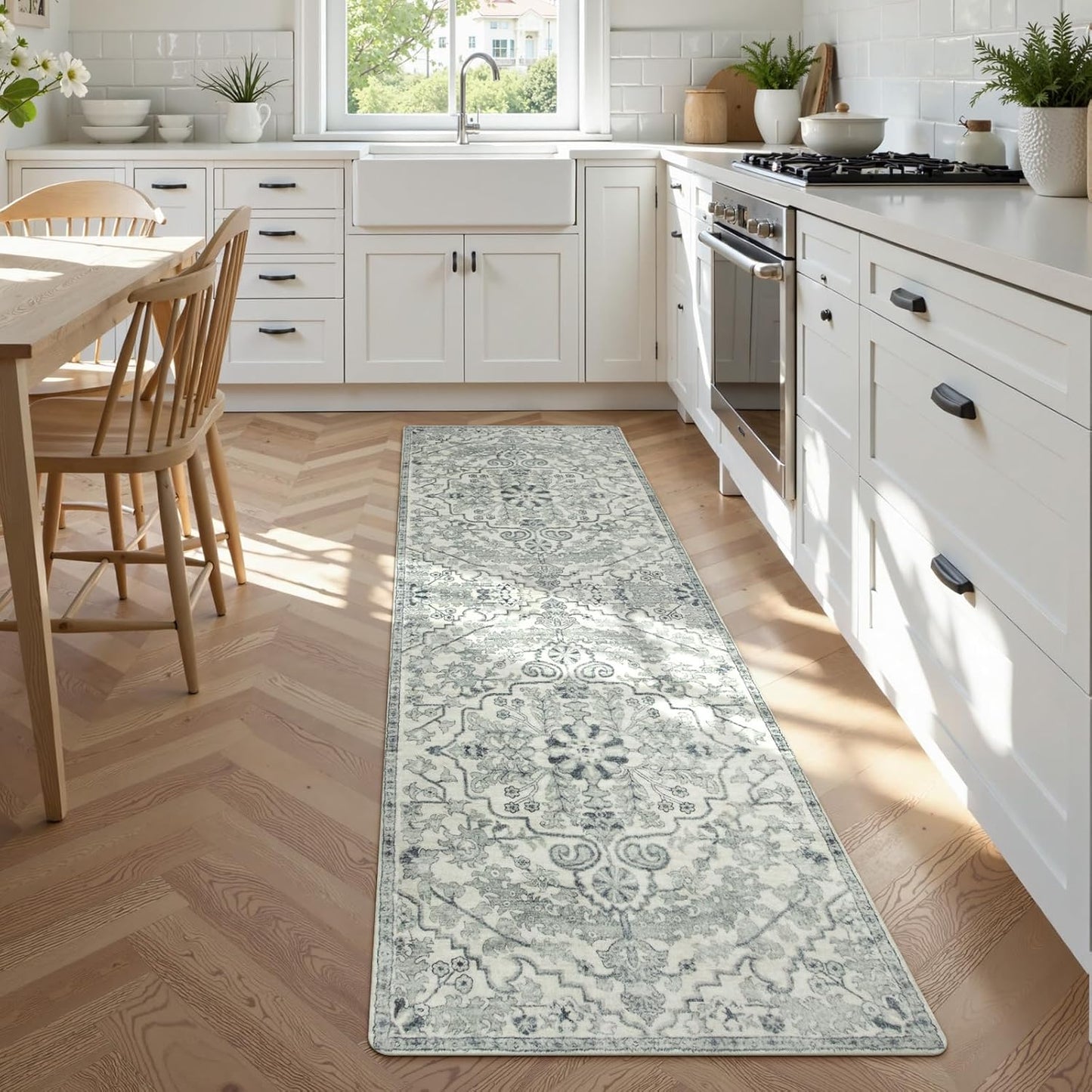 Lahome Washable Runner Rugs with Rubber Backing, 2x7 Hallway Runner Rug Soft Kitchen Carpet Runner, Bohemian Non-Slip Low Pile Printed Throw Rug Runners for Bathroom Bedside RV, Beige