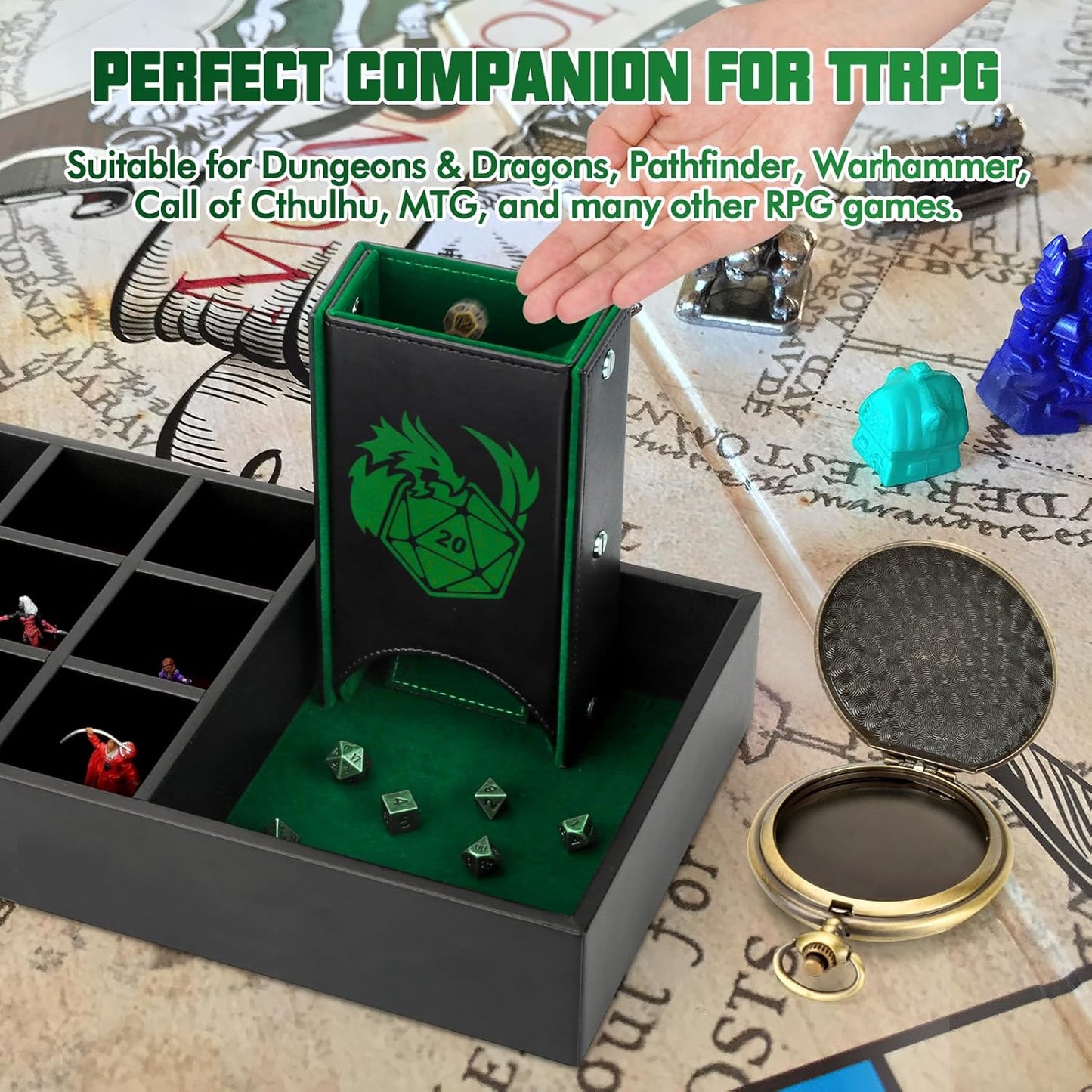 DND Dice Tray & Tower Storage Box, 4 in 1 D&D Dice Holder Case (Dice Rolling Tray, Dice Roller Tower, Dice & Miniature Storage), Great RPG Accessories Gifts for Dungeons and Dragons MTG DM & Player