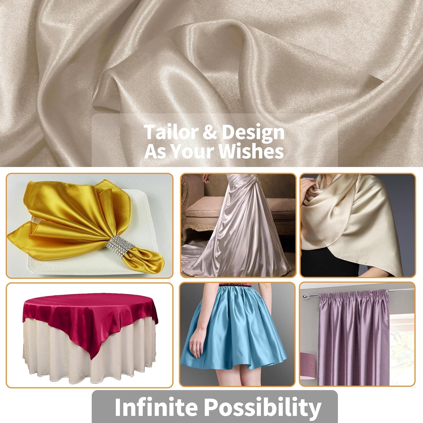 RUDONG M Beige Satin Fabric by The Yard, 1 Yard x 60 Inch Wide Silky Charmeuse Satin Fabric, Soft Satin Fabric for Wedding Decorations, Bridal Dress, Sewing, Accessories, DIY Crafts