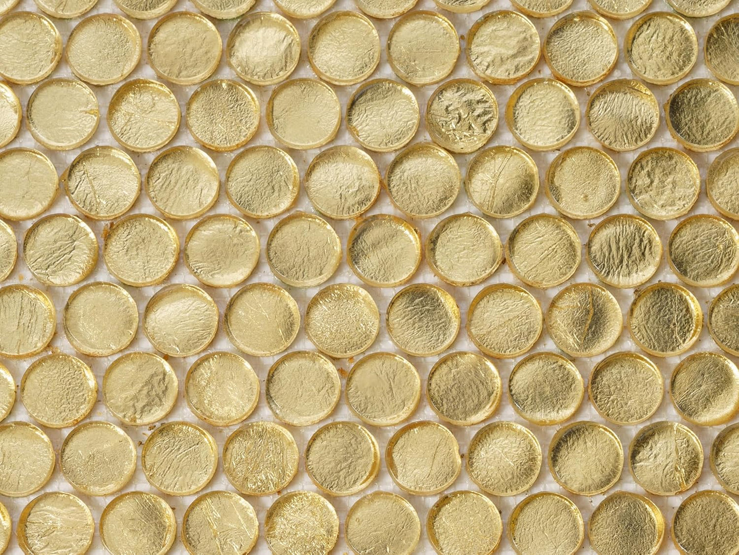 Box of 10 Glossy Gold Glass Penny Round Mosaic Tiles – 12.2" x 12.2" Mesh-Mounted Sheets, 10.34 Sq Ft, Not Peel & Stick - Kitchen Backsplash, Shower Wall, Bathroom, Fireplace, Interior Decor