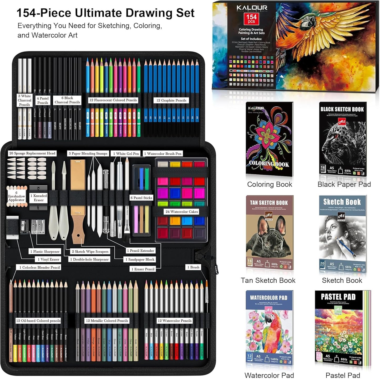 KALOUR 154PCS Artists Art Supplies - Drawing Kit with 6 Sketchbook,Tutorial,Coloring Paper - Graphite,Colored, Charcoal, Watercolor & Metallic Pencils - for Artists and Beginners