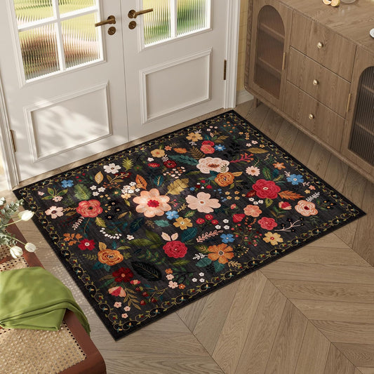 Rugcomf Door Mat Indoor Entrance 2x3 Rug Machine Washable Boho Floral Small Area Rug Non-Slip Low Pile Throw Rugs for Entryway, Kitchen, Front Door Indoor Entrance, Entry, Kids Room (Black)
