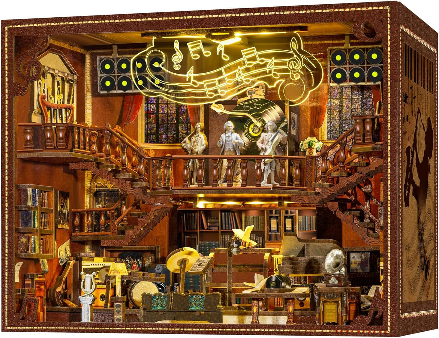 Book Nook Music Kit - DIY Miniature Dollhouse with LED Lights for Adults & Teens, Maestro's Study 3D Wooden Bookshelf Decor, for Family & Friends