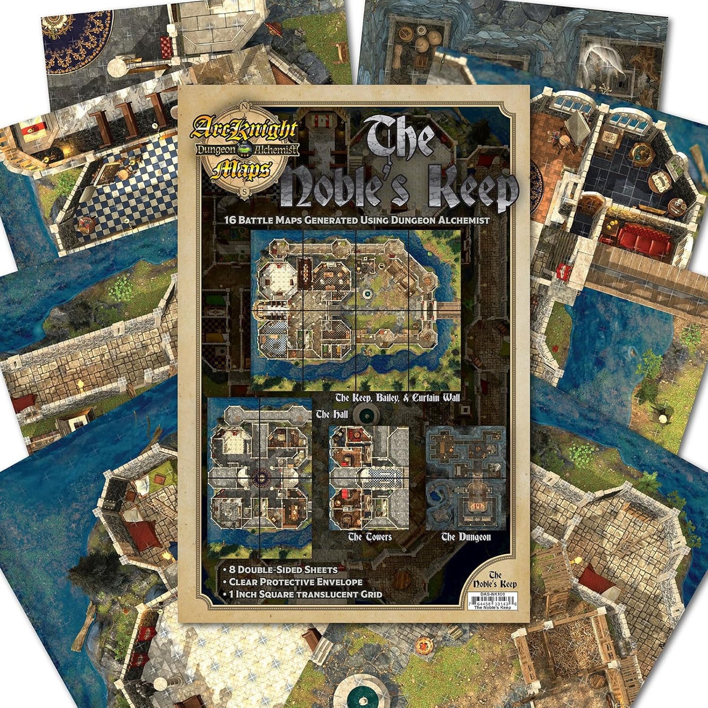 Arcknight The Noble's Keep Roleplaying D&D Battle Map; 16 Modular RPG Maps in 8 Double-Sided Pages, 1" Square Grid, Modular & Versatile DnD Map for ttrpg Gaming - for Dungeons & Dragons, Pathfinder