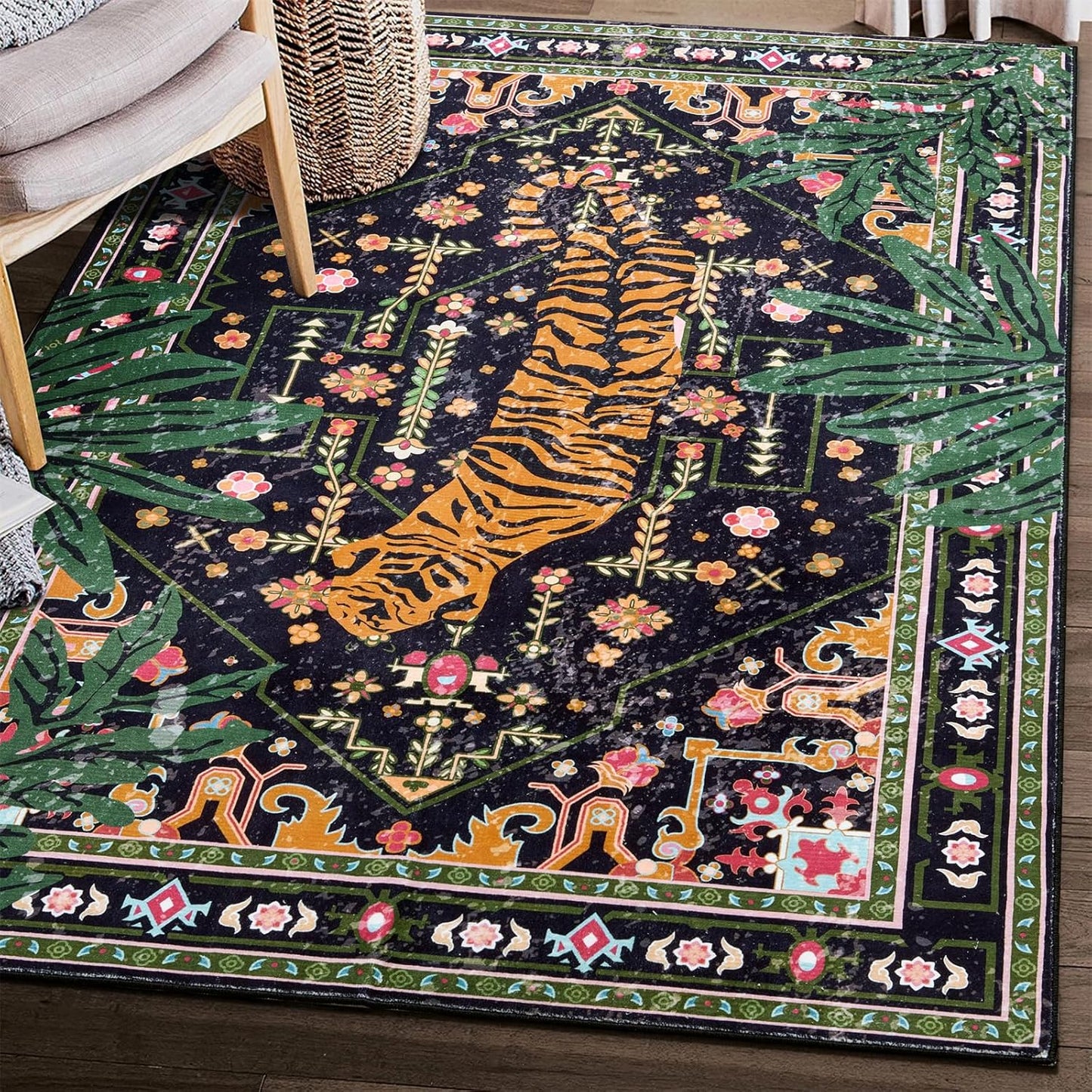 Oriental Tropical Washable Rugs, Thin Black Boho Vintage Distressed Hippie 4x6 Area Rugs for Living Room Bedroom Kitchen Entryway Dorm, Abstract Botanical Animal Tribal Indian Accent Carpet