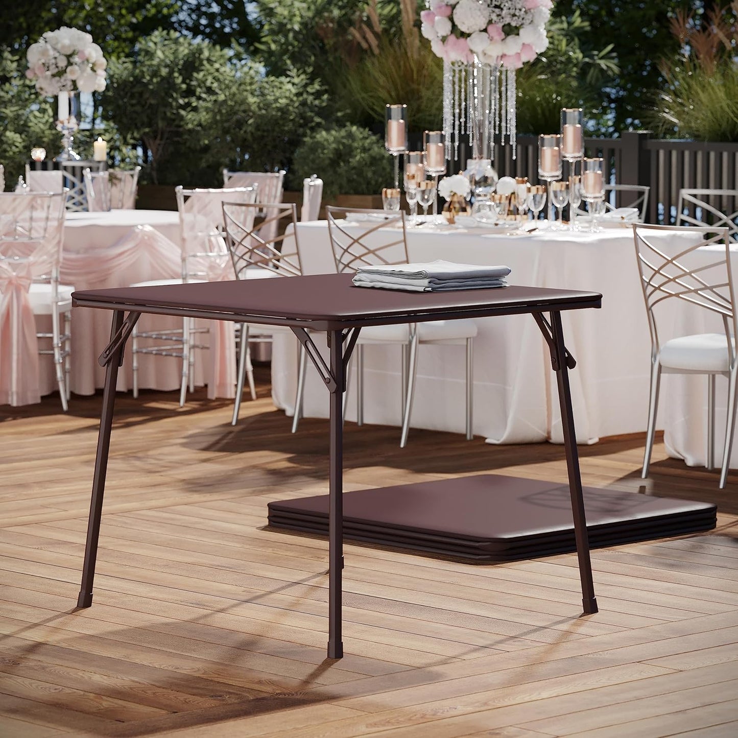 EMMA + OLIVER 33.5" Square Multipurpose Folding Card Table for 4 Players, Portable Square Folding Table with Padded Vinyl Top, Brown