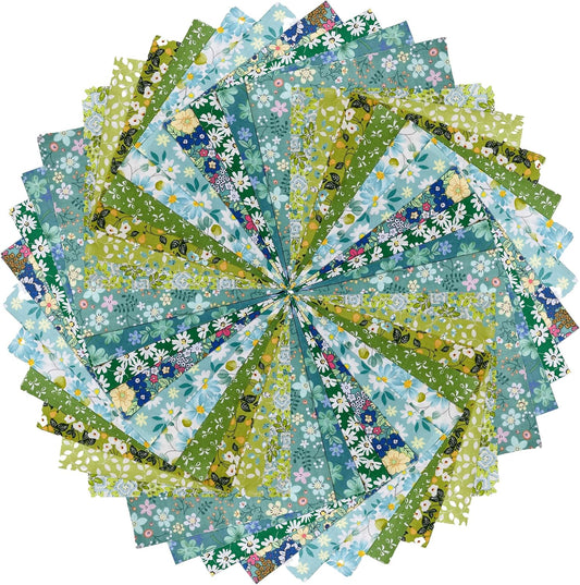 HANPATQUI 50PCS 5 x 5 inch Green Printed 100% Cotton Fat Quarters Fabric for Sewing and Quilting Bundles Precut Fabric Square for DIY Craft Patchwork