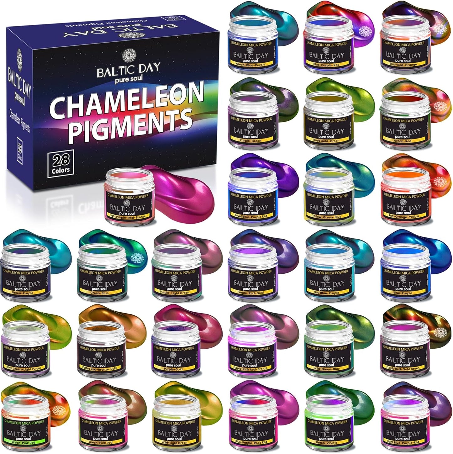 Chameleon Mica Powder, 28 Jars of Color Shift Mica Powder Set - Color Shifting Mica for Epoxy Resin, Tumbler - Chrome Pigment for Nails, Painting, Slime - Chameleon Pigment - Holographic Mica Powder