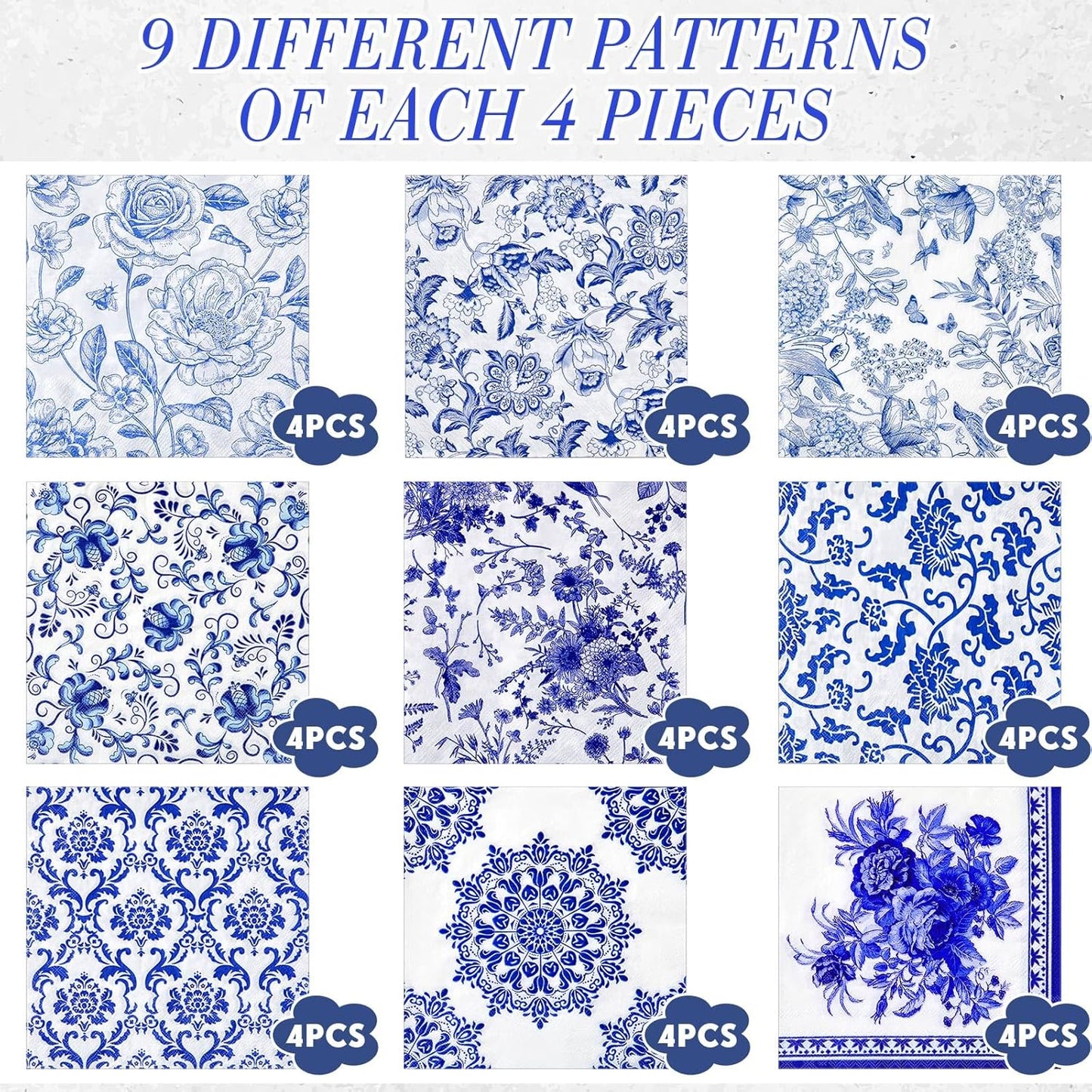 Crtiin 36 Pack 9 Styles Decoupage Napkins Assorted Floral Decorative Decoupage Napkins Chinoiserie Cocktail Paper for DIY Crafting Birthday Party, Each Unfolded 13 Inch(Blue and White Floral)