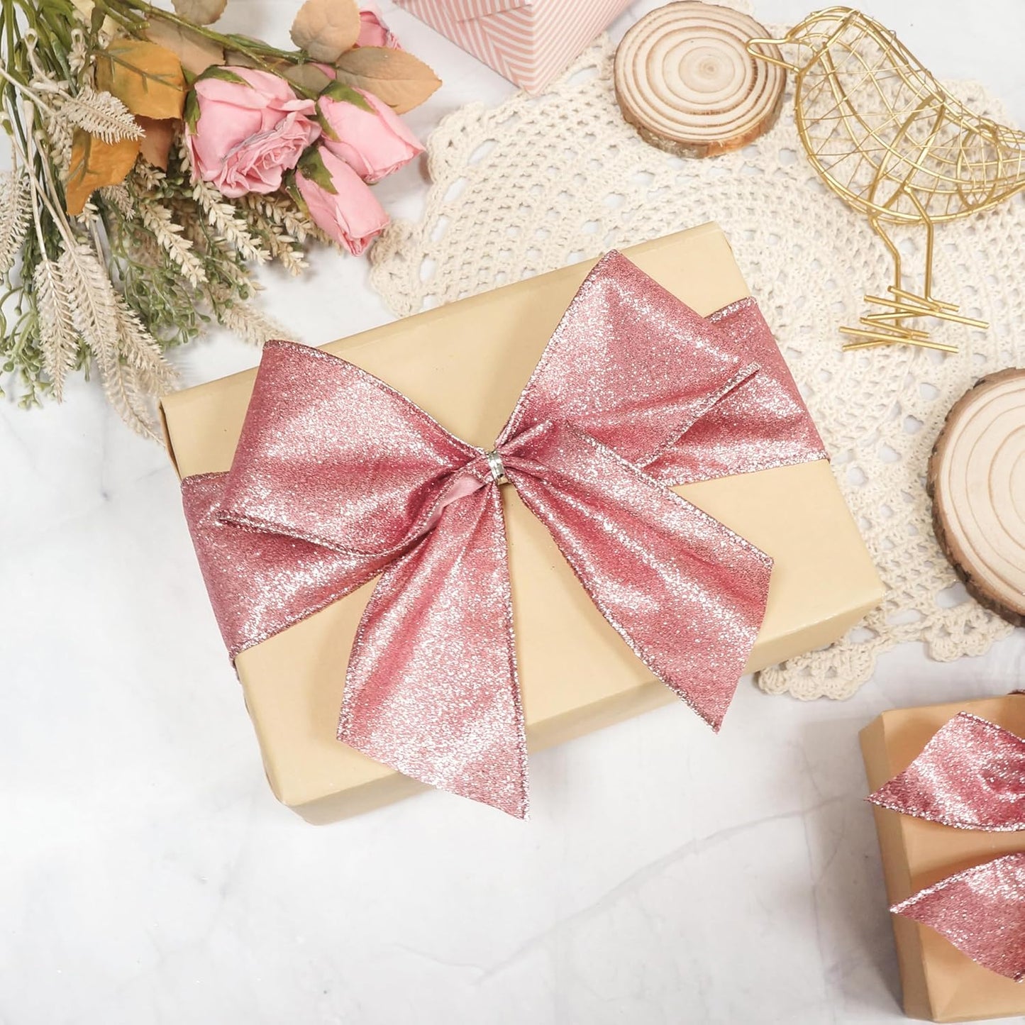 CT CRAFT LLC Glitter Wired Ribbon 2.5" x 10 Yards Rose Gold for Christmas Home Decor Bow Gift Wrapping DIY Crafts Wreath