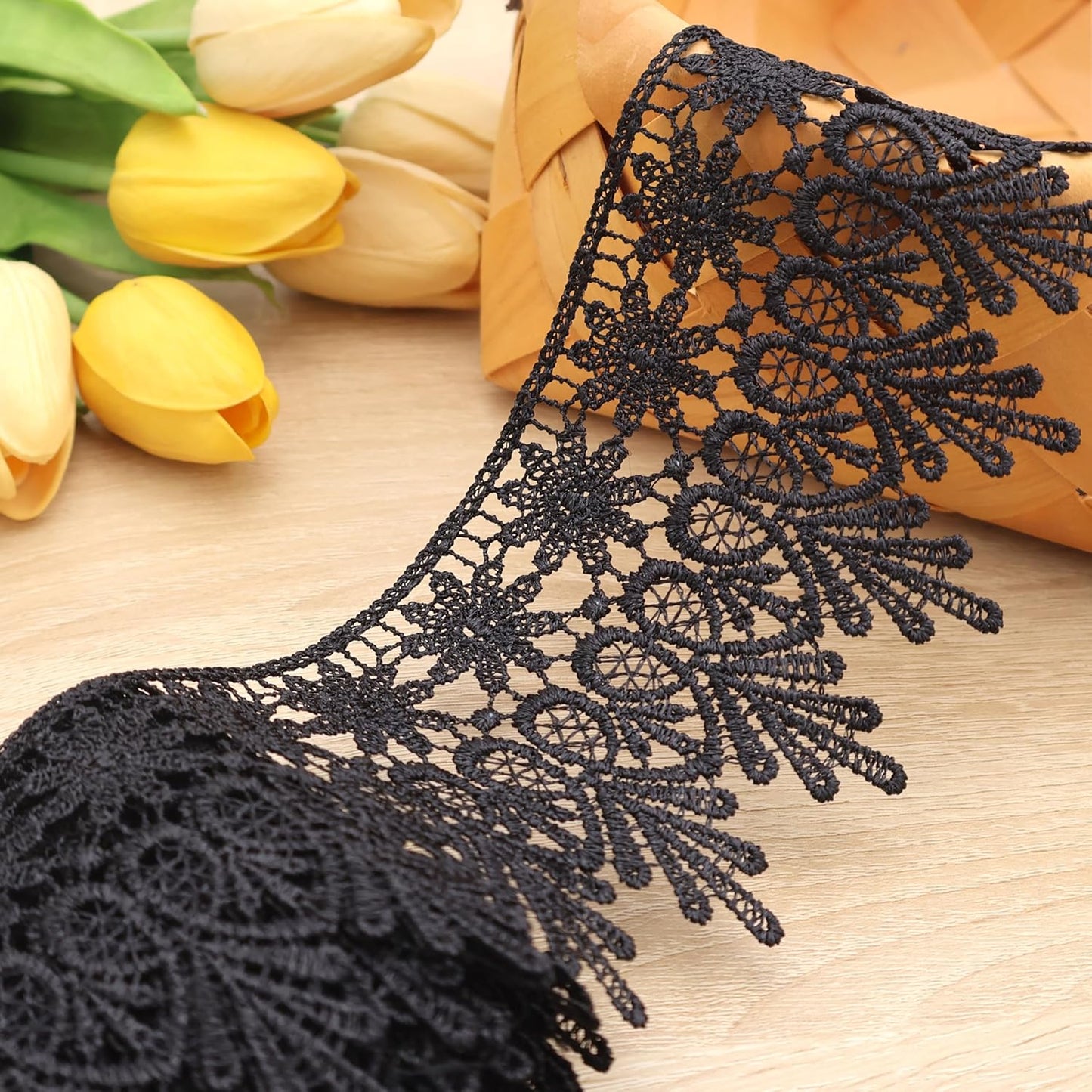 GXTIZAS Black Lace Trim 5 Yards Wide Venise Lace Ribbon Embroidered Edge Trim for Sewing Crafts Pillow Case