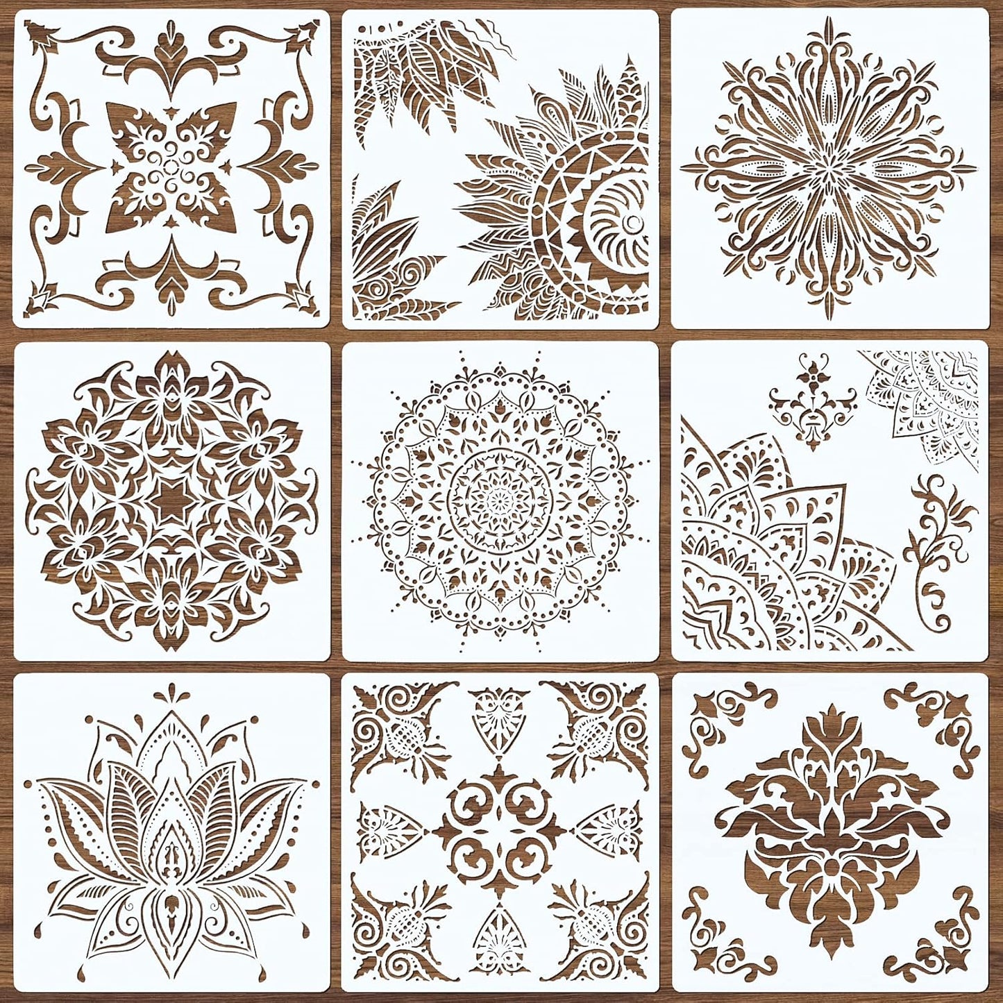 9 Pack Large Reusable Stencil Mandala Stencil Laser Cut Painting Template for Wood Wall Floor Tile Fabric Crafts Furniture Stencils Painting(12x12 Inch)