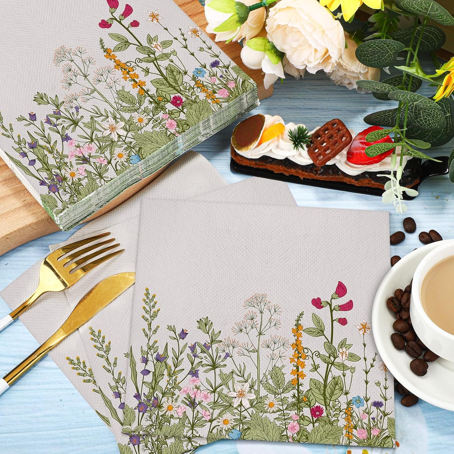 Aodaer 48 Pieces Disposable Fall Paper Napkins, Decoupage Napkins, 13" x 13" Unfolded Garden Party Napkin, Cocktail Dinner Napkin Set for Wedding Birthday Tea Party Supplies