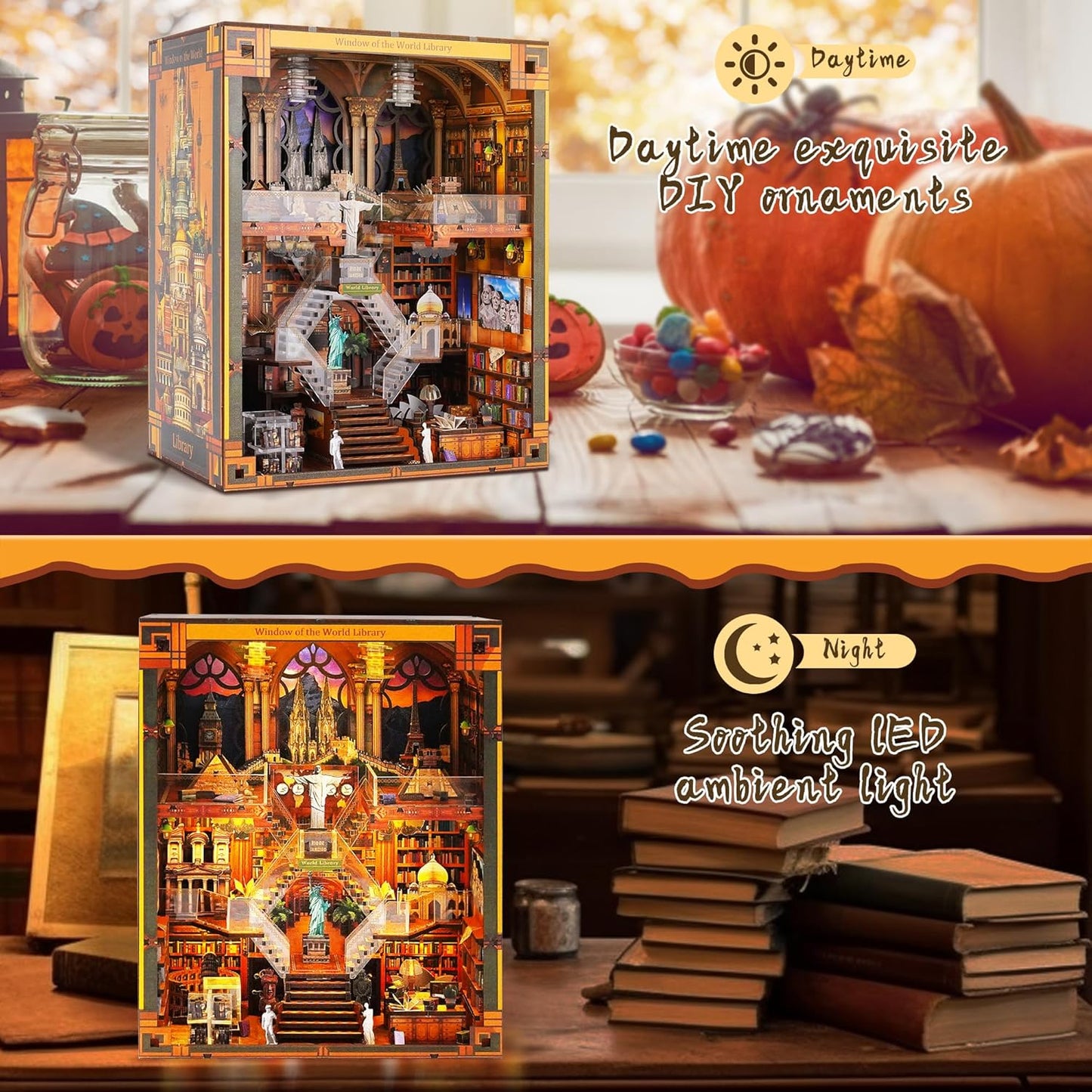 Book Nook Kit - DIY Miniature World Library Booknook - 3D Wooden Puzzle with LED Lights - Creative Bookshelf Insert & Educational Gift for Adults