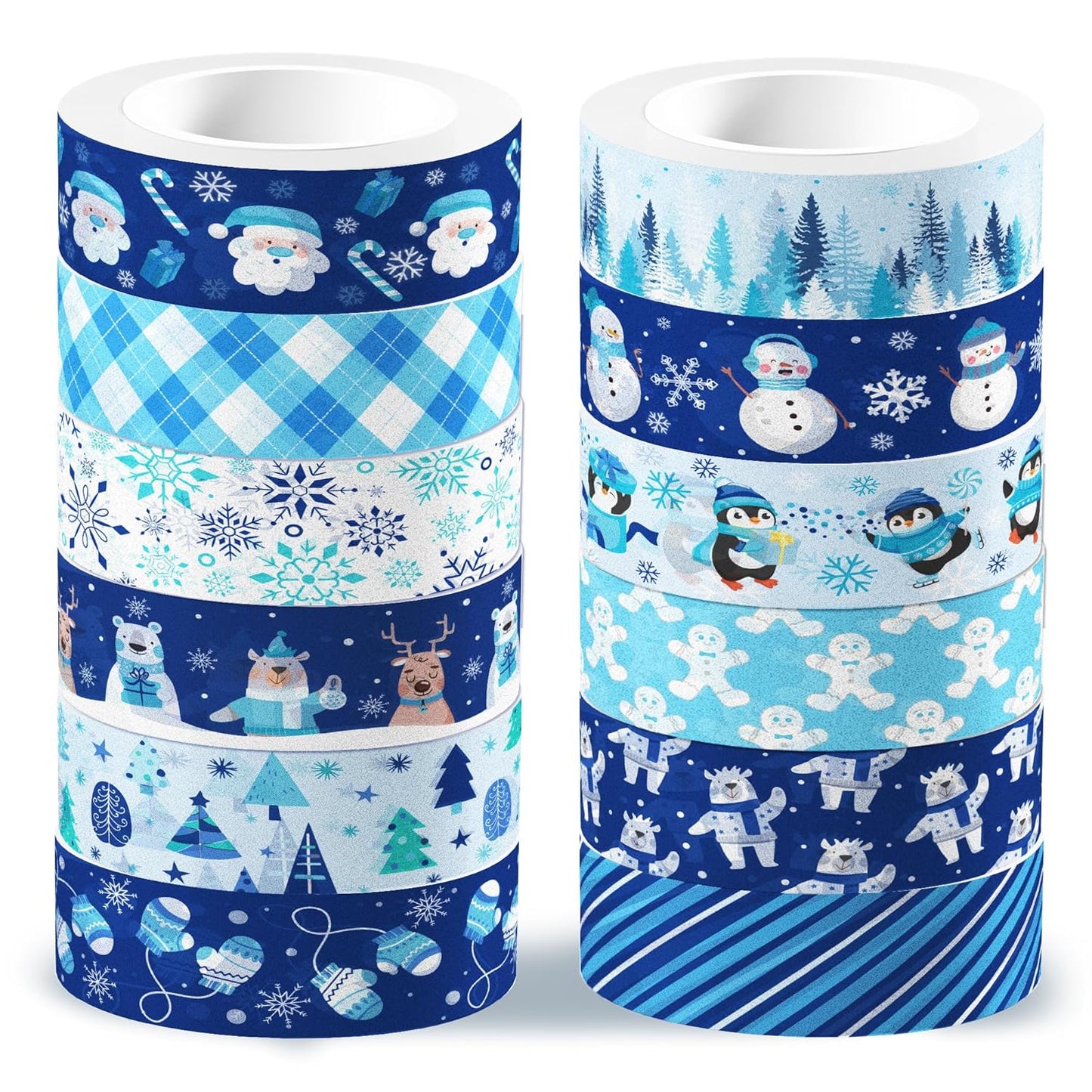 12 Pcs Christmas Washi Tape Blue Snowflake Print Masking Tape Frozen Pattern Decorative Paper Sticker for Christmas Party Holiday Scrapbook Handbook Sticker