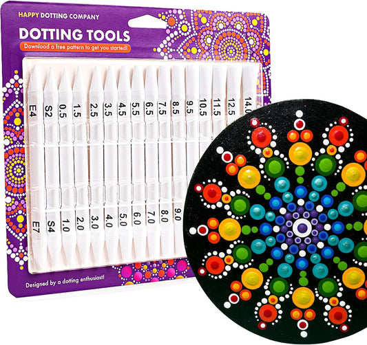 Dotting Tools for Painting Mandalas - Happy Dotting Company - 16pc Double Ended Super Set for Mandala dot Art - Includes Stylus - Unique Ellipse Tool - for Painting Rocks DIY Stone Craft and Canvas