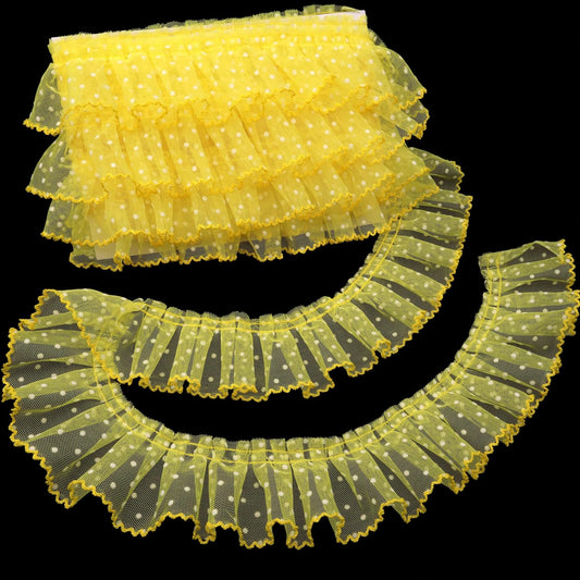 Dots Lace Ruffle Trim for Sew, Crafts 2.4" x5yd Single Layer Pleated Edge Lace Ribbon (Yellow)