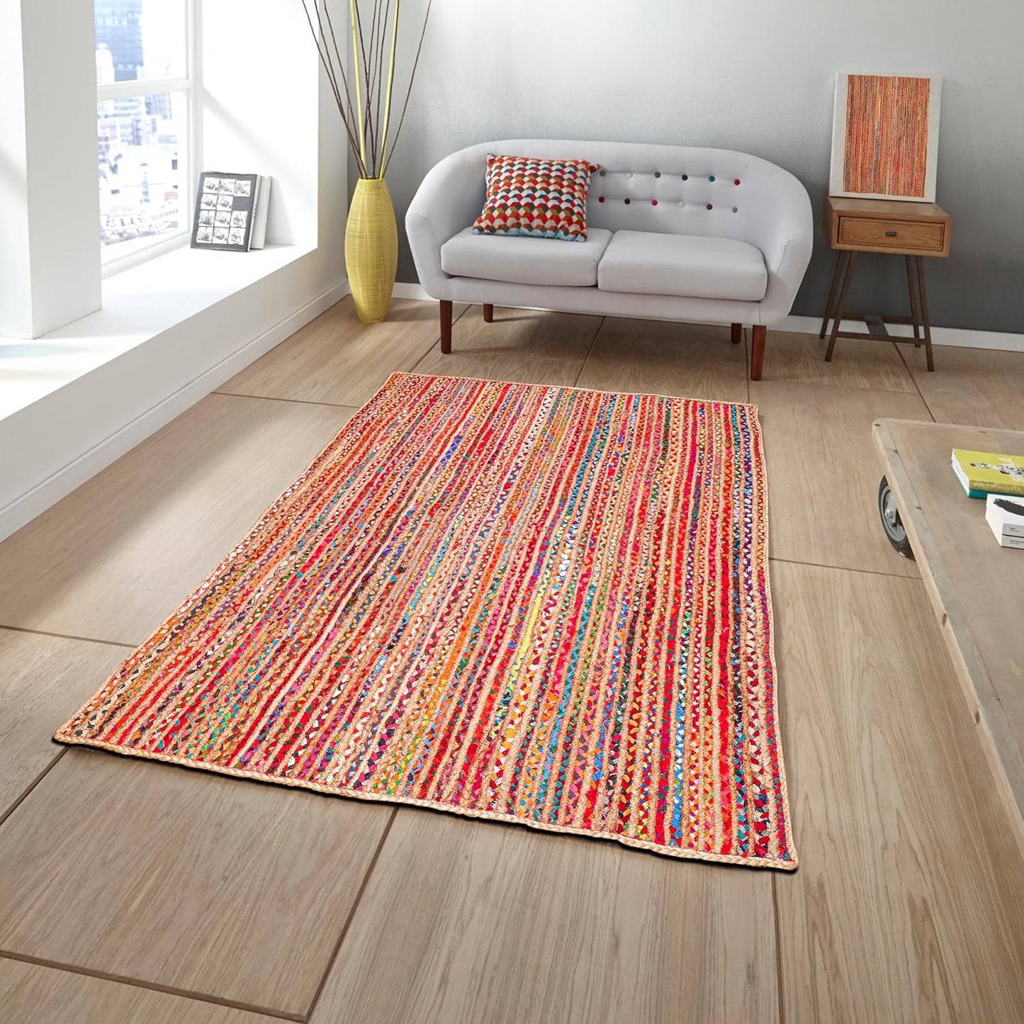 4'x6' Handwoven Jute Chindi Area Rug - Colorful Boho Rugs for Living Room - Hand Braided Multicolor Bohemian Rug for Farmhouse, Bedroom, Dining Room, Classroom, Hallway, Kitchen, Office