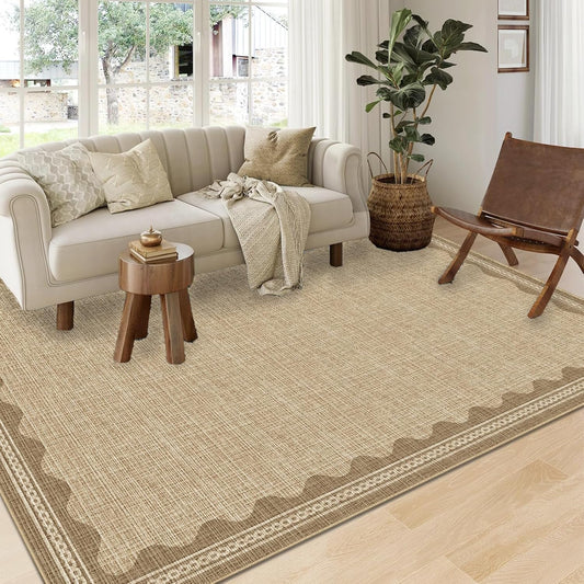 Scalloped Washable Rug 10x13 Area Rugs for Living Room, Solid Tan Rug for Bedroom Girls, Non Slip Throw Carpet with Rubber Back, Soft Dorm Nursery 10x13 Scalloped Rugs for Dining Room