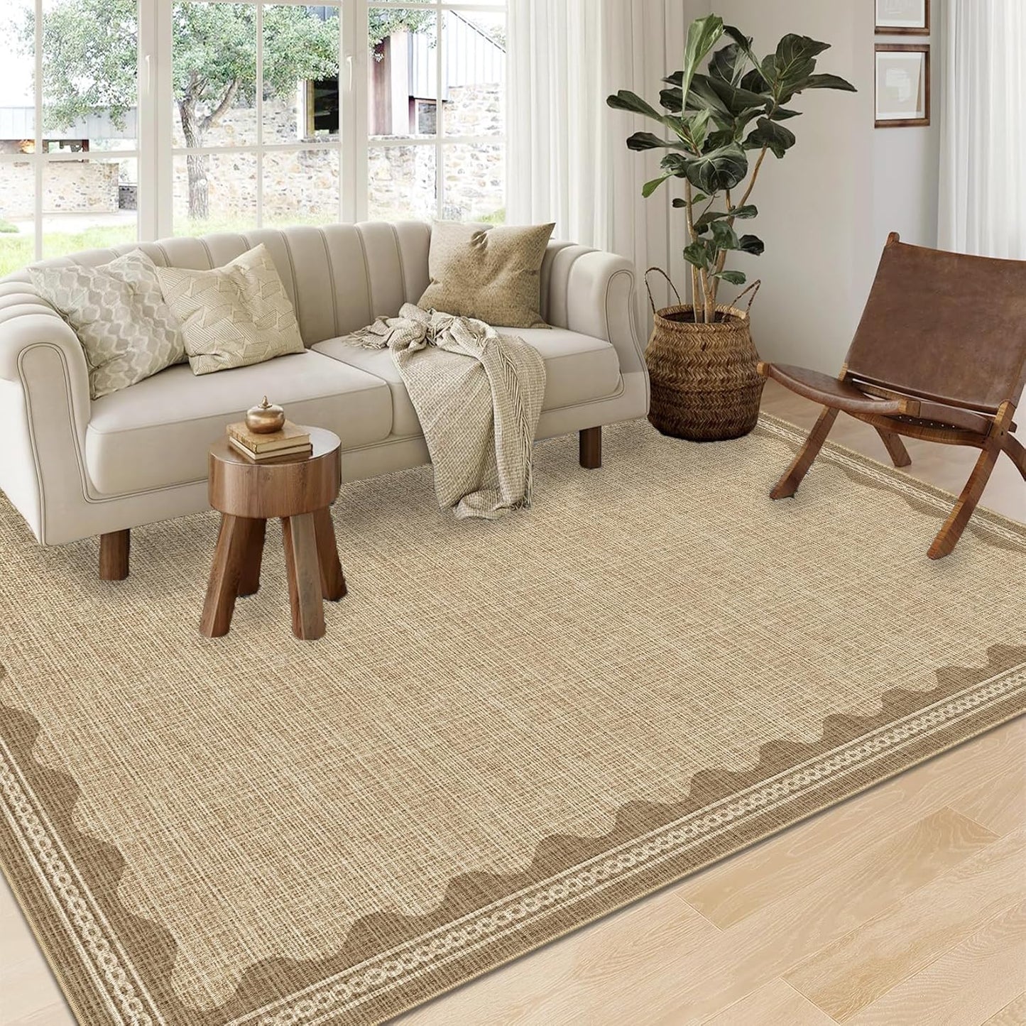 Scalloped Washable Area Rug, 6' x 9' Rectangular, Beige, Non Slip, Machine Washable, Indoor, Low Pile, Polyester, Solid, Tufted, Foldable, Stain Resistant, Shed Resistant