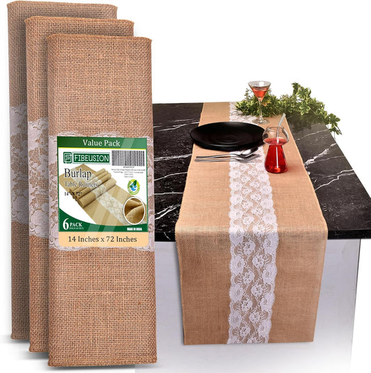 Burlap Lace Table Runner (Pack of 6) – 14”x 72” - No-Fray Finished Edge Natural Table Runner – No Odor, Eco-Friendly Burlap Runner - Perfect for Christmas, Wedding, Thanksgiving