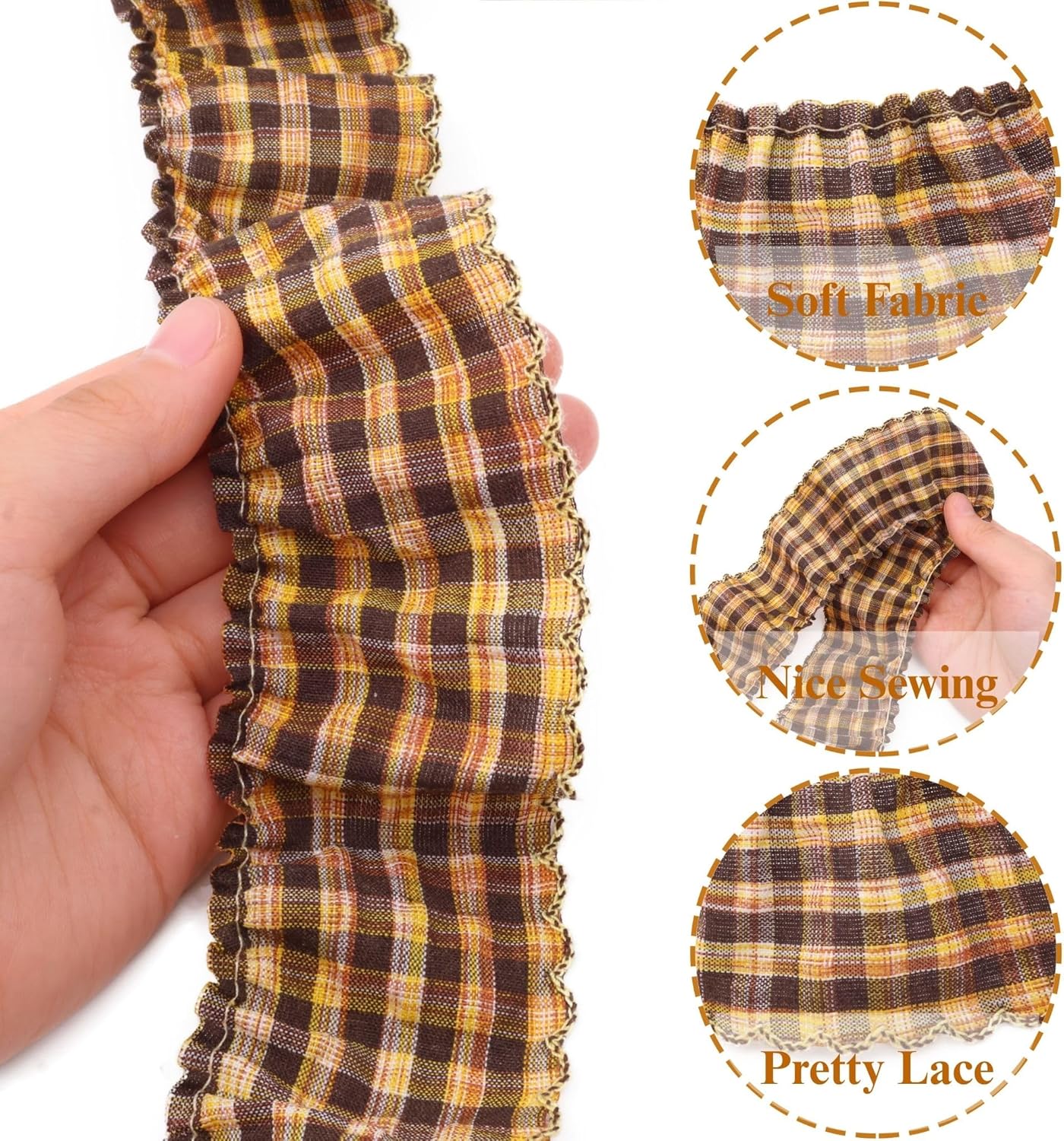 Gingham Ruffle Lace Trim Pleated Lace 5 Yards Gathered Gingham Fabric Edge Ribbon Trim for Dresses, Wedding Gowns, Crafts, Home Decor (Yellow)