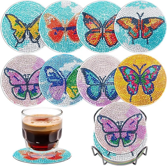 Butterfly Diamond Art Coasters Kit for Adults, 8PCS DIY Diamond Painting Craft Set with Holder, Gem Art Mosaic Coasters, Diamond Dotz Kit, Arts and Crafts Gift for Women & Teens