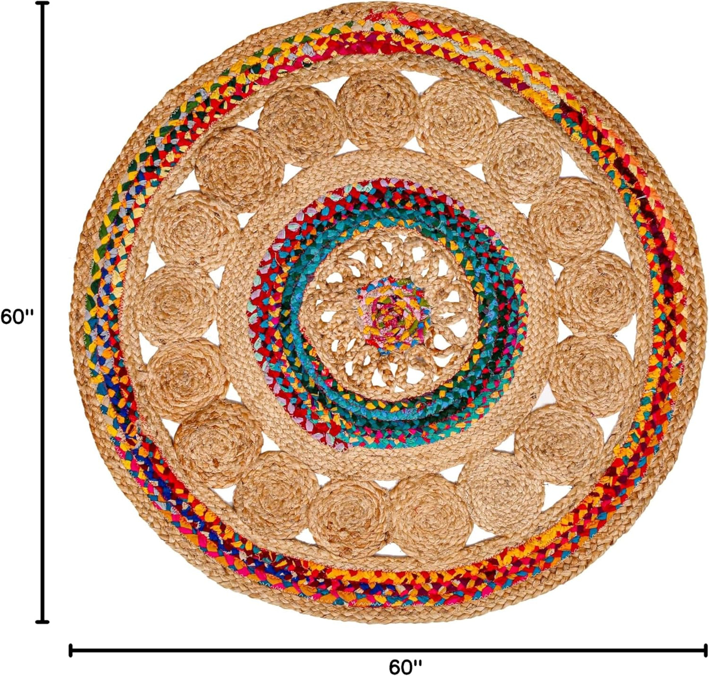 5' Round Handwoven Jute Chindi Area Rug - Colorful Boho Rugs for Living Room - Hand Braided Multicolor Bohemian Rug for Farmhouse, Bedroom, Dining Room, Classroom, Hallway, Kitchen, Office