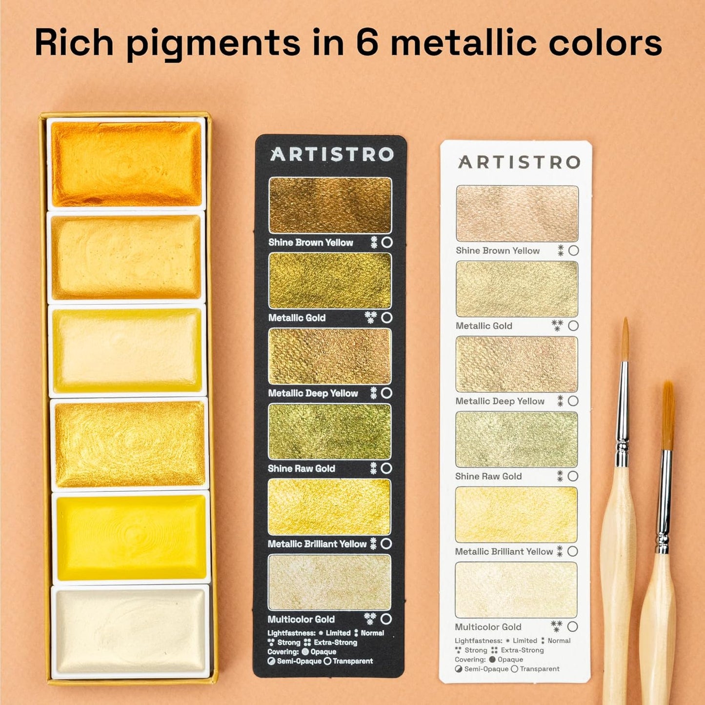 ARTISTRO Professional Metallic Watercolor Paint Set for Adults - 6 Pigment-Rich Gold Colors, XL Pans, ASTM-I Lightfastness, High Tinting Strength Watercolor Set for Professionals made by professionals