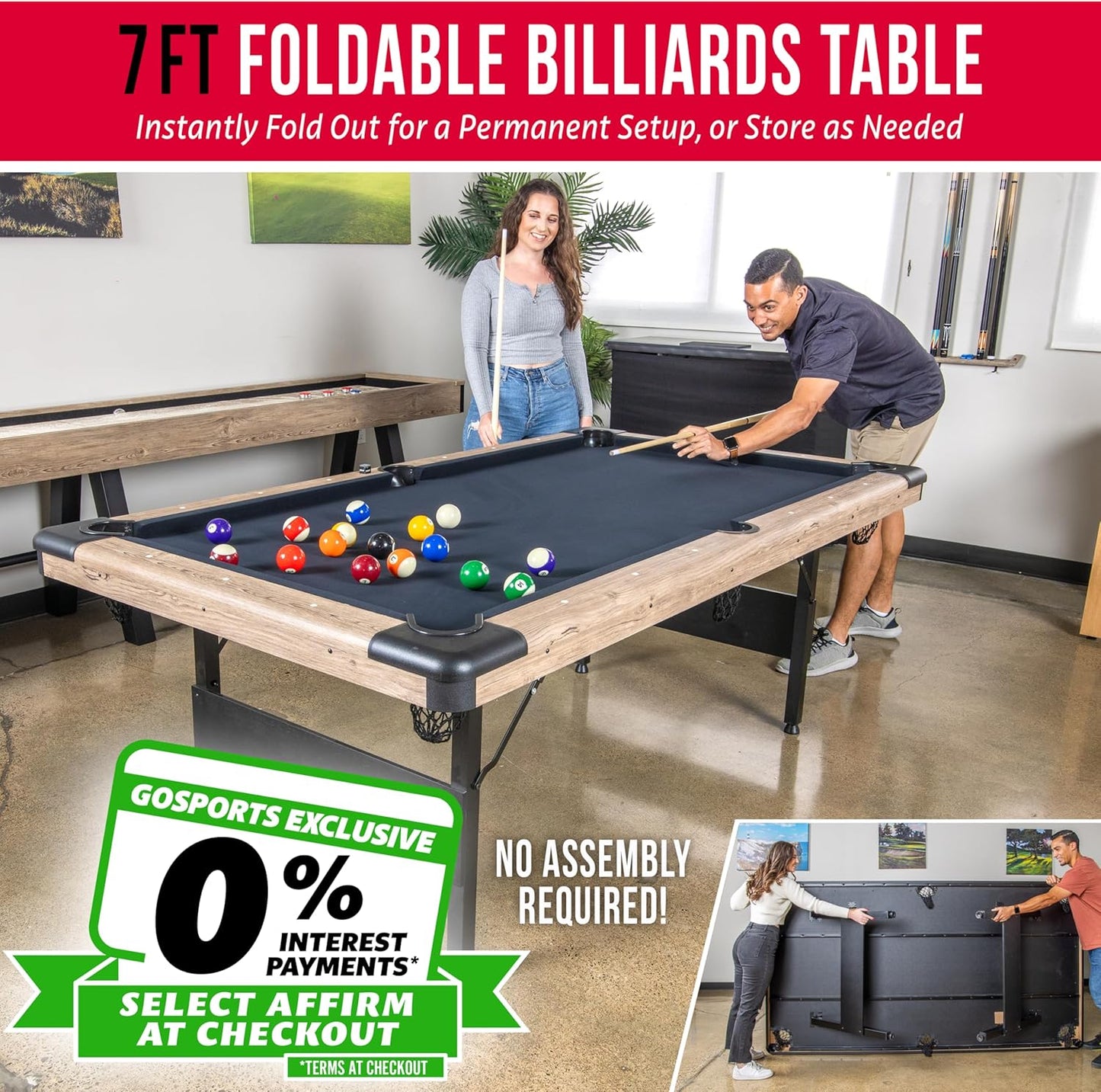 GoSports 6, 7, or 8 ft Billiards Tables - No Assembly, Choose Your Color - Portable Pool Table Includes Full Set of Balls, 2 Cue Sticks, Chalk and Felt Brush